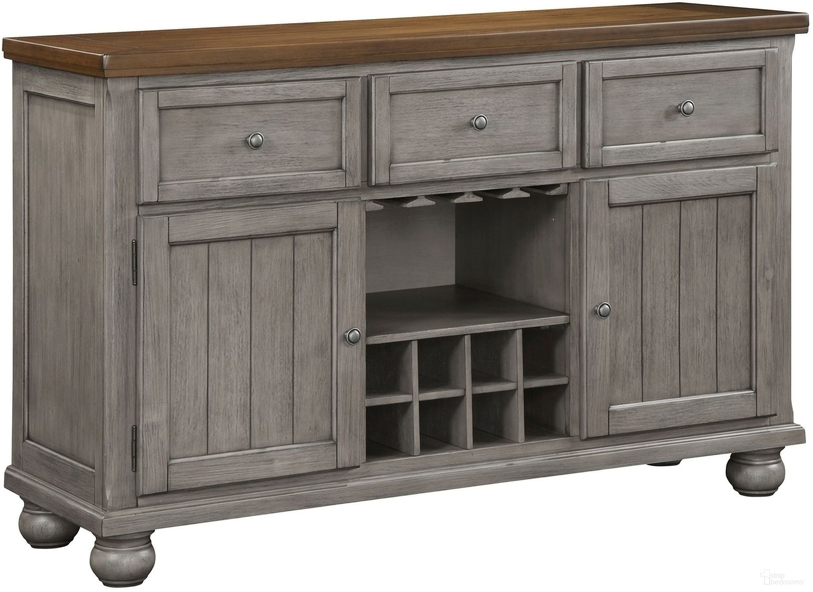 The appearance of Tigard Server In Brown and Gray designed by Homelegance in the traditional interior design. This brown and gray piece of furniture  was selected by 1StopBedrooms from Tigard Collection to add a touch of cosiness and style into your home. Sku: 5761GY-40. Material: Acacia.
