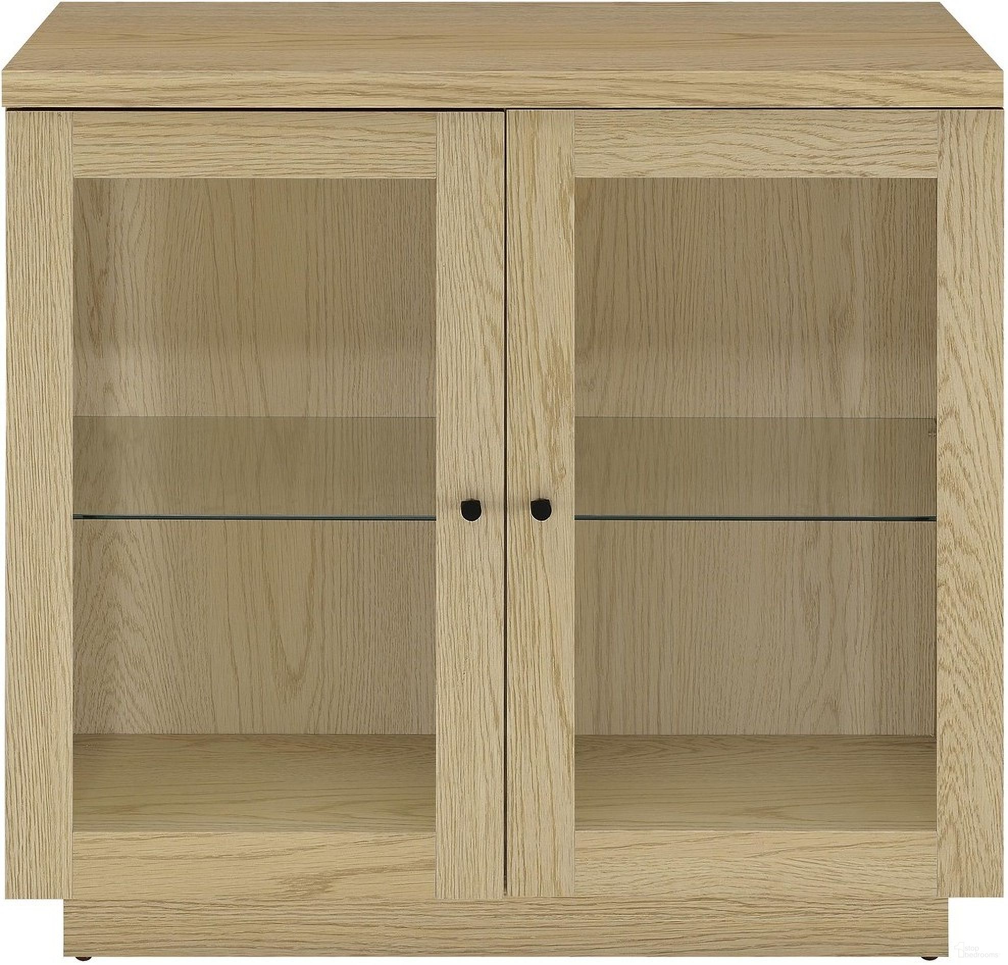 The appearance of Tilbury 2-Door Glass Front Accent Display Cabinet In Light Oak designed by Coaster in the transitional interior design. This light oak piece of furniture  was selected by 1StopBedrooms from Tilbury Collection to add a touch of cosiness and style into your home. Sku: 950429. Material: Melamine.