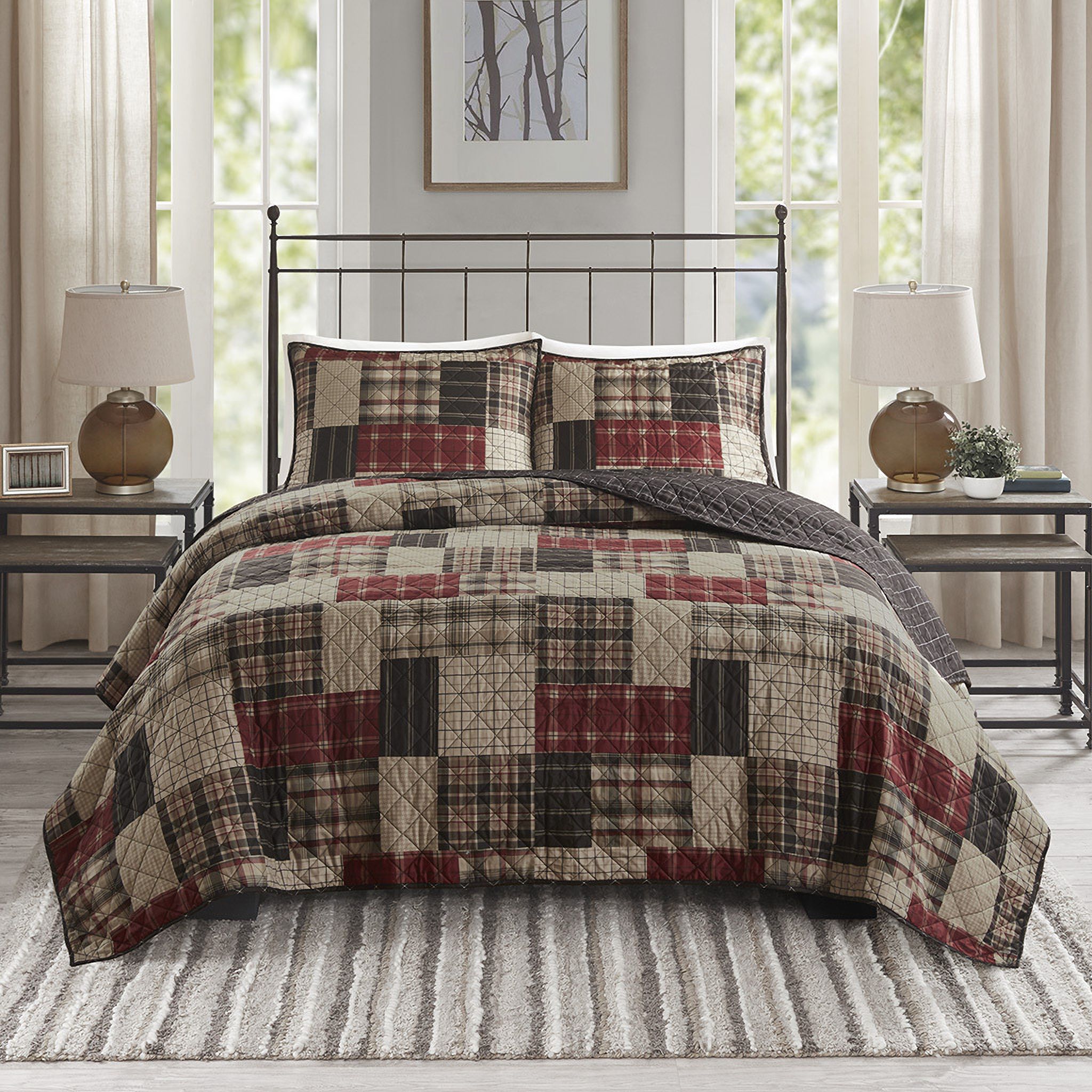 The appearance of Timber 3 Piece Reversible Printed Quilt Set In Red and Black designed by Olliix in the cabin / lodge interior design. This red/black piece of furniture was selected by 1StopBedrooms from Timber Collection to add a touch of cosiness and style into your home. Sku: MP13-8471. Bed Size: King. Material: Cotton.