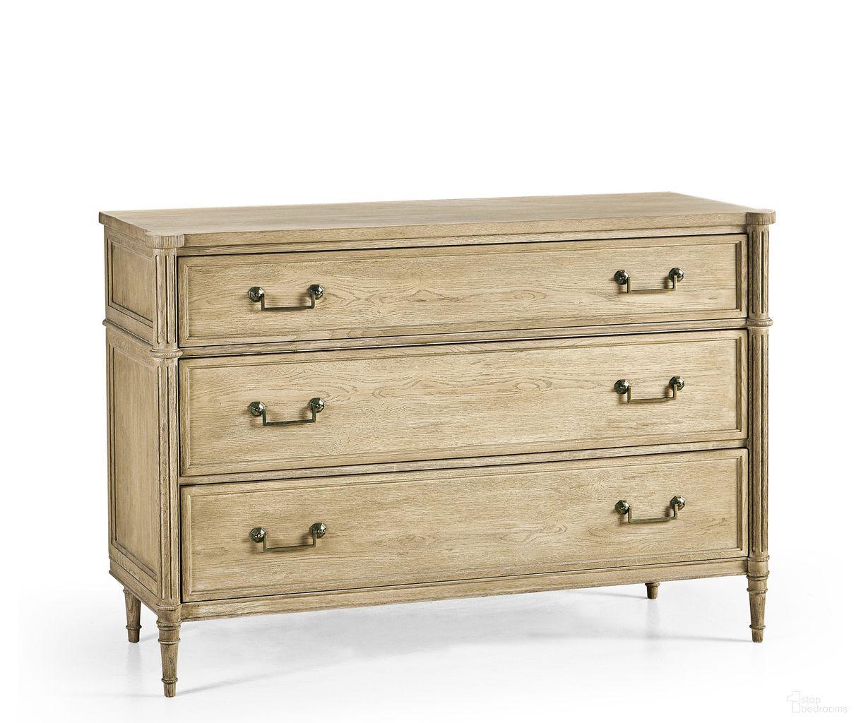 The appearance of Timeless Kalpa 52 Inch Louis XVI Drawer Chest In Bleached Chestnut designed by Jonathan Charles in the traditional interior design. This chestnut piece of furniture  was selected by 1StopBedrooms from Timeless Collection to add a touch of cosiness and style into your home. Sku: 003-3-263-BLC. Material: Wood.