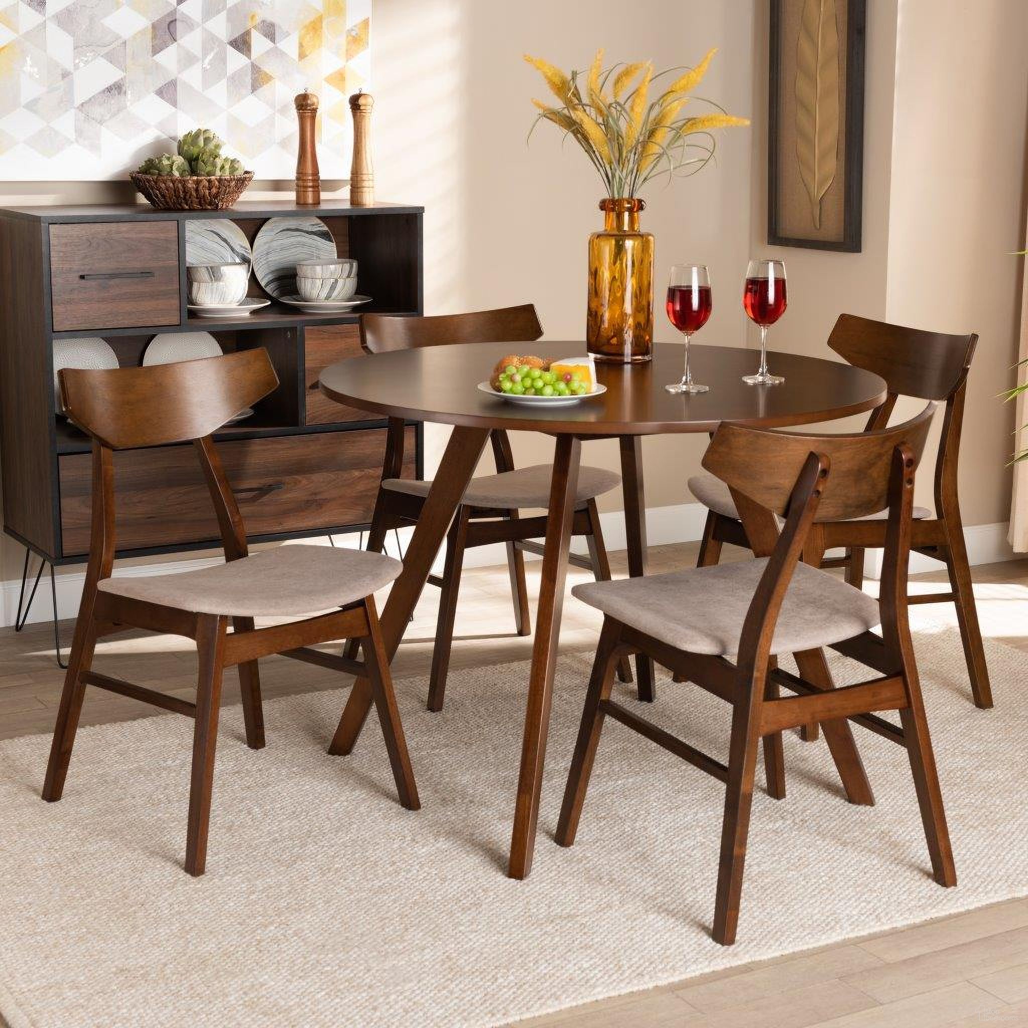 The appearance of Timothy Mid-Century Modern Transitional Light Beige Fabric Upholstered and Walnut Brown Finished Wood 5-Piece Dining Set designed by Baxton Studio in the transitional interior design. This light beige piece of furniture was selected by 1StopBedrooms from Timothy Collection to add a touch of cosiness and style into your home. Sku: Danica/Hexa-Latte/Walnut-5PC Dining Set. Material: Polyester.
