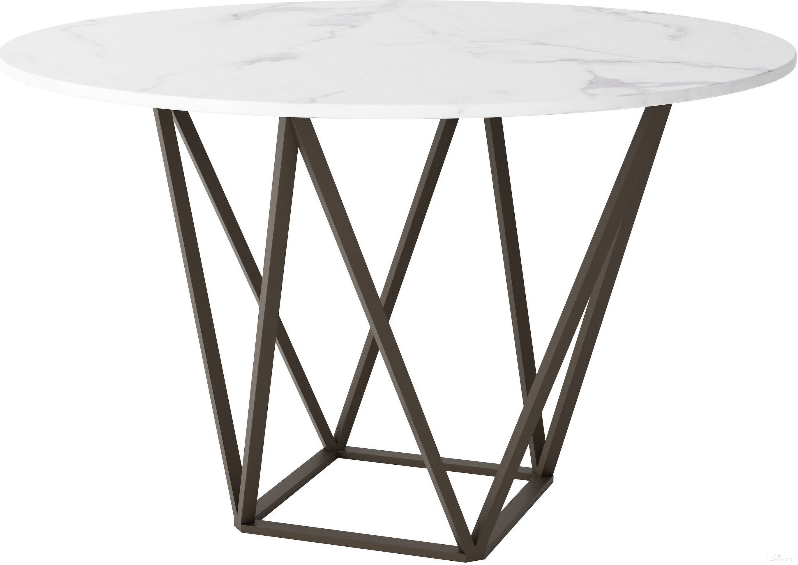The appearance of Tintern Dining Table In White and Antique Bronze designed by Zuo Modern in the modern / contemporary interior design. This white/bronze piece of furniture  was selected by 1StopBedrooms from Tintern Collection to add a touch of cosiness and style into your home. Sku: 100715. Table Base Style: Pedestal. Table Top Shape: Round. Material: Stone. Size: 51".