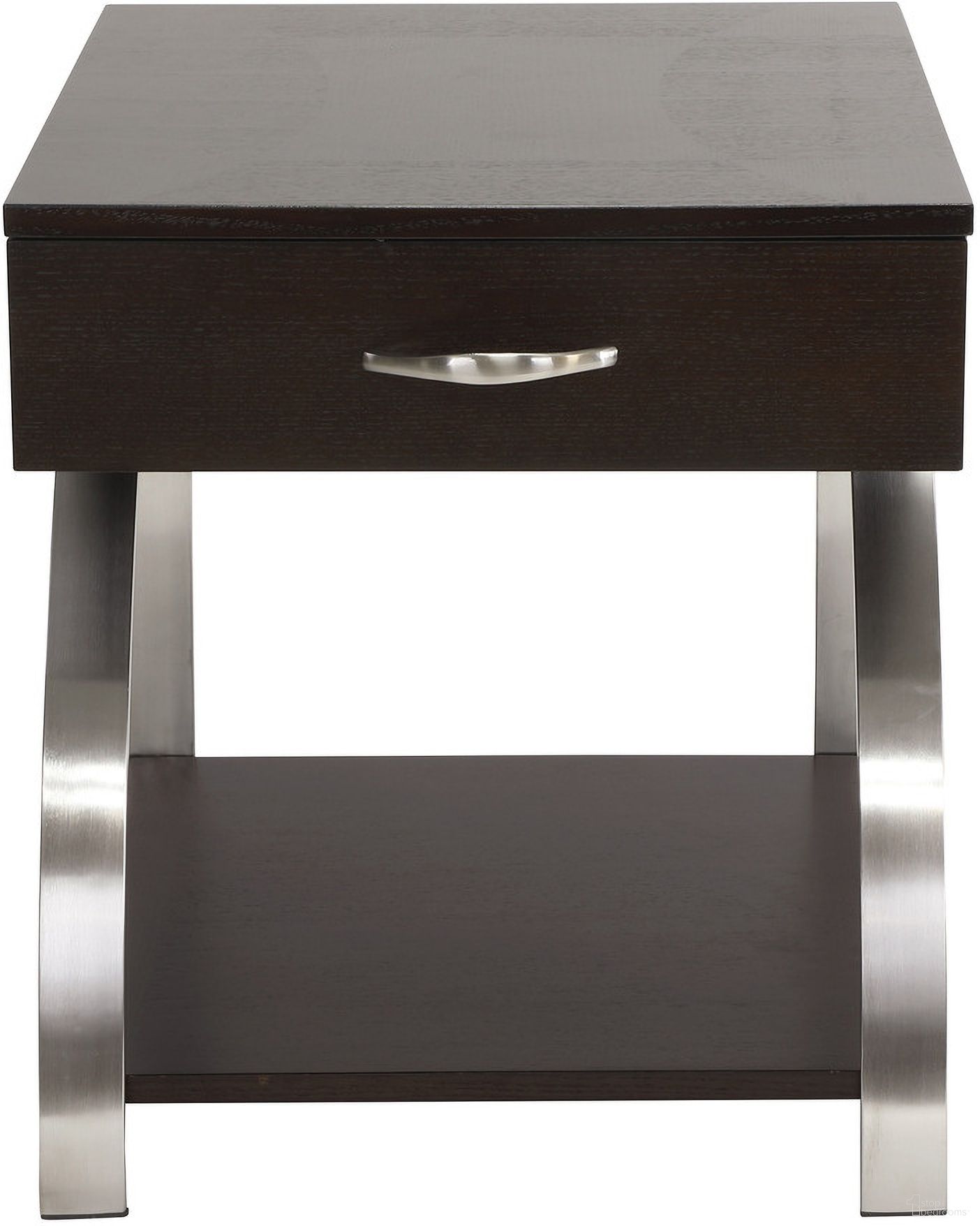 The appearance of Tioga Espresso And Brushed Chrome Metal End Table designed by Homelegance in the modern / contemporary interior design. This brown piece of furniture  was selected by 1StopBedrooms from Tioga Collection to add a touch of cosiness and style into your home. Sku: 3533RF-04. Material: Wood.