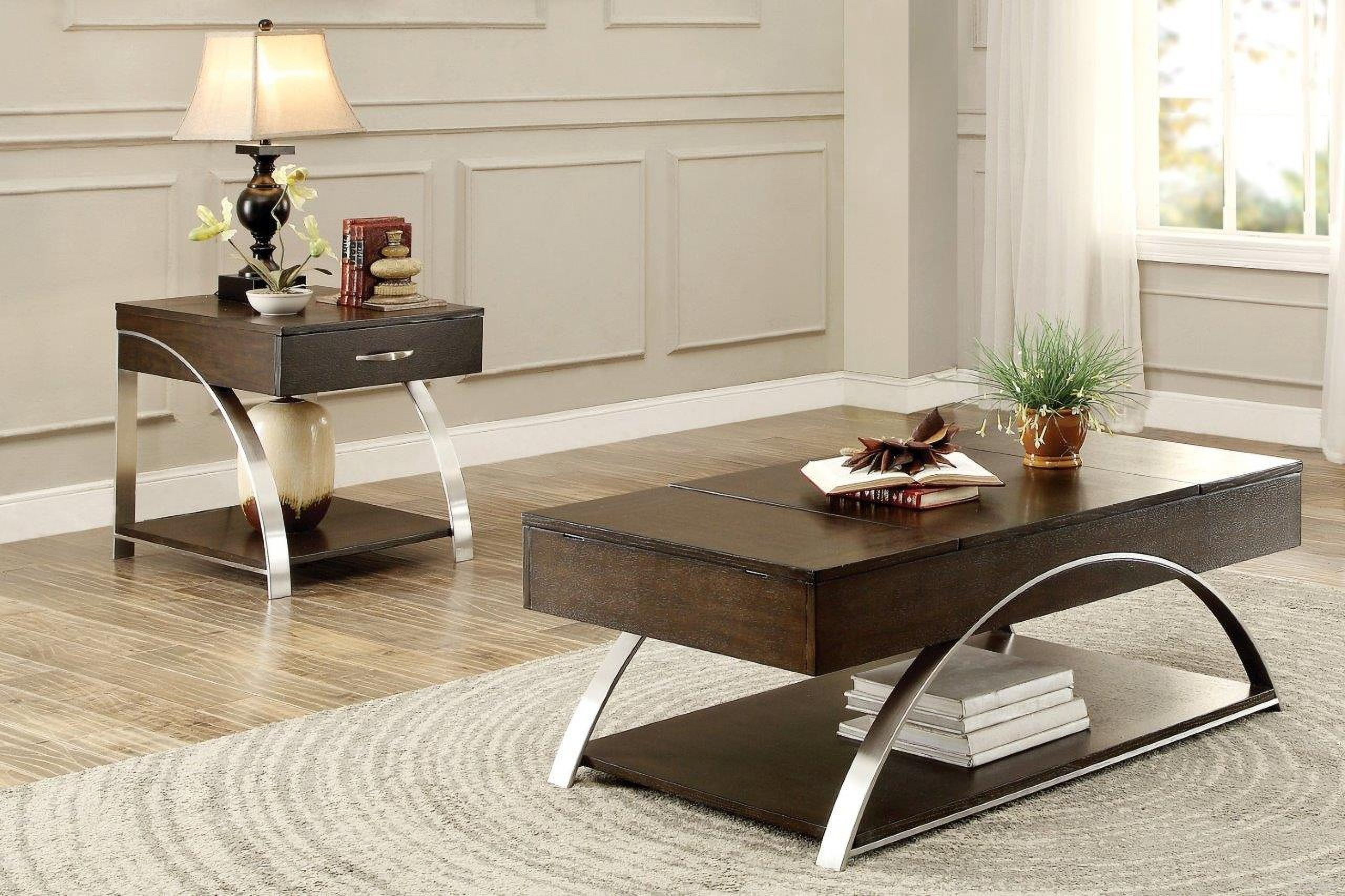 The appearance of Tioga Espresso And Brushed Chrome Metal Lift Top Occasional Table Set designed by Homelegance in the modern / contemporary interior design. This brown and chrome piece of furniture  was selected by 1StopBedrooms from Tioga Collection to add a touch of cosiness and style into your home. Sku: 3533RF-30;3533RF-04. Material: Wood.