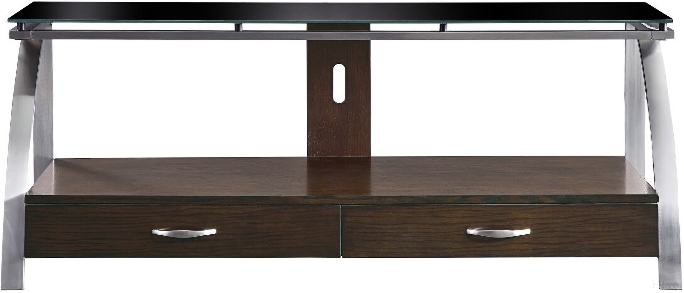 The appearance of Tioga Espresso And Brushed Chrome Metal TV Stand designed by Homelegance in the modern / contemporary interior design. This brown piece of furniture  was selected by 1StopBedrooms from Tioga Collection to add a touch of cosiness and style into your home. Sku: 35330RF-T. Material: Wood.