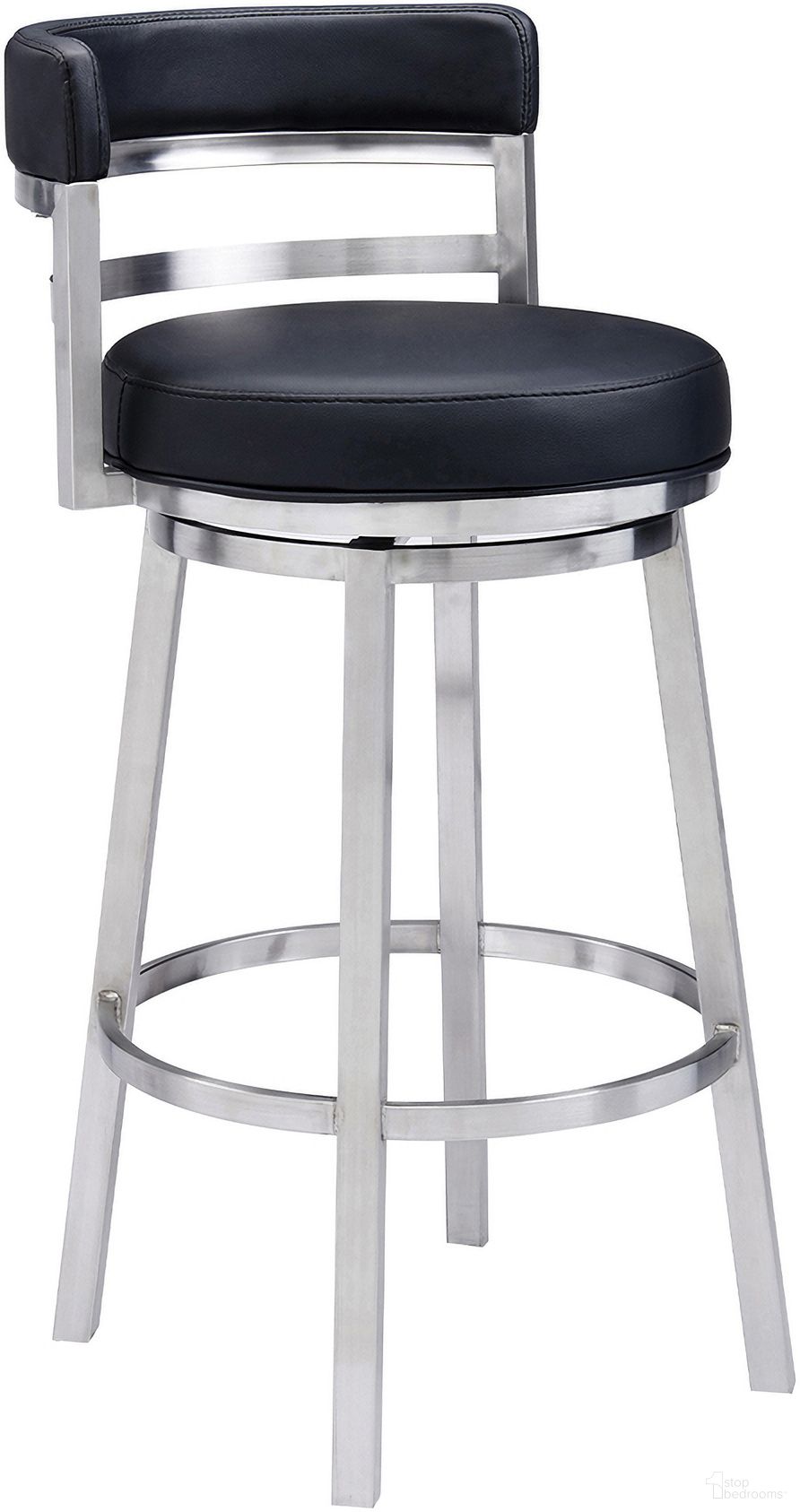 Titana 30 Inch Bar Height Swivel Barstool In Black Faux Leather and Brushed Stainless Steel