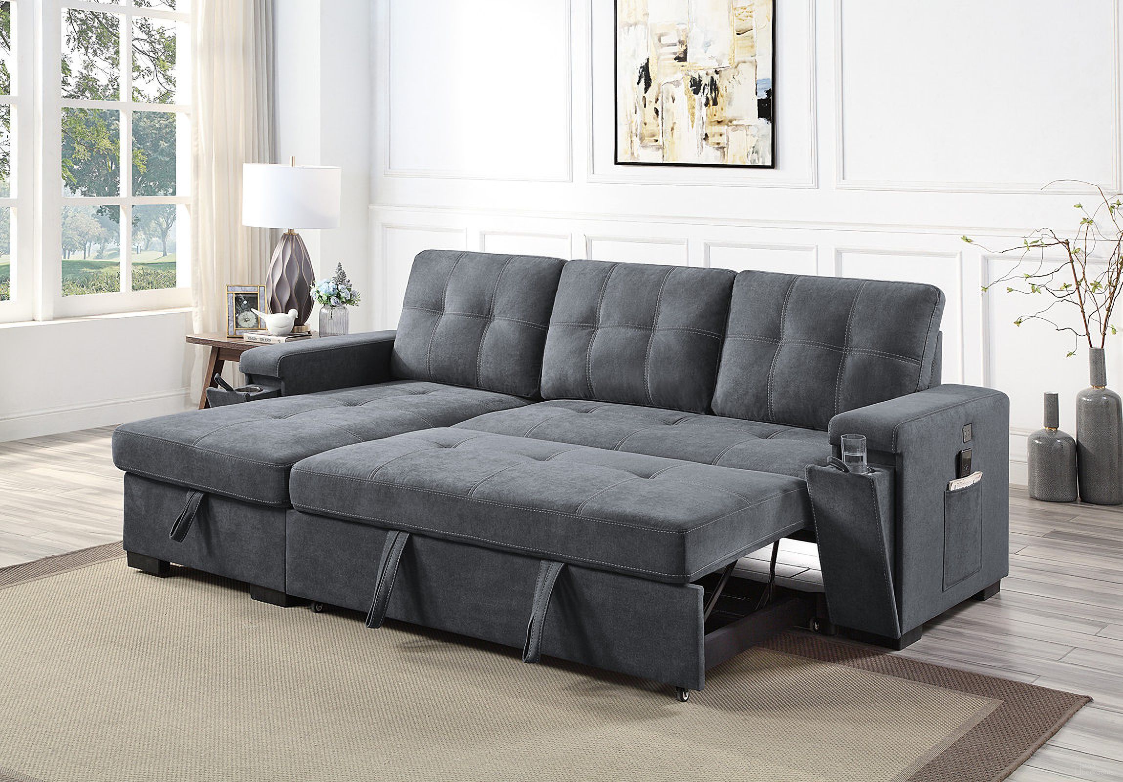 The appearance of Toby Gray Woven Fabric Reversible Sleeper Sectional Sofa With Storage Chaise Cup Holder Usb Ports And Pockets designed by Lilola Home in the modern / contemporary interior design. This gray piece of furniture was selected by 1StopBedrooms from Toby Collection to add a touch of cosiness and style into your home. Sku: 81395-L;81395-C;81395-A. Layout: Sofa & Chaise. Material: Woven.