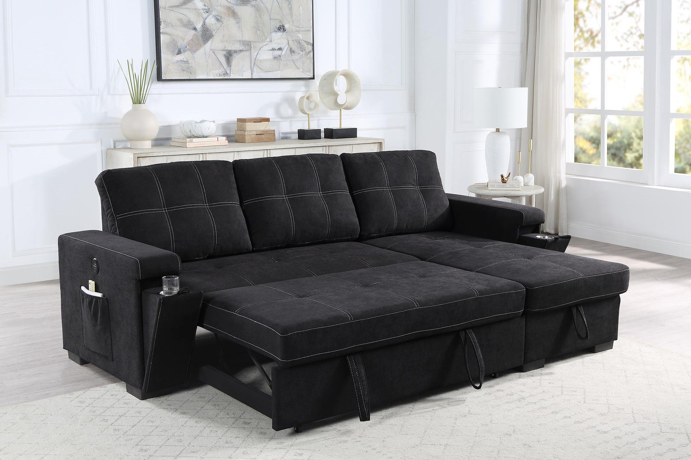 The appearance of Toby 95 Inch Woven Fabric Reversible Sleeper Sectional Sofa with Storage Chaise In Black designed by Lilola Home in the modern / contemporary interior design. This black piece of furniture was selected by 1StopBedrooms from Toby Collection to add a touch of cosiness and style into your home. Sku: 81395BK-A;81395BK-C;81395BK-L. Material: Woven.