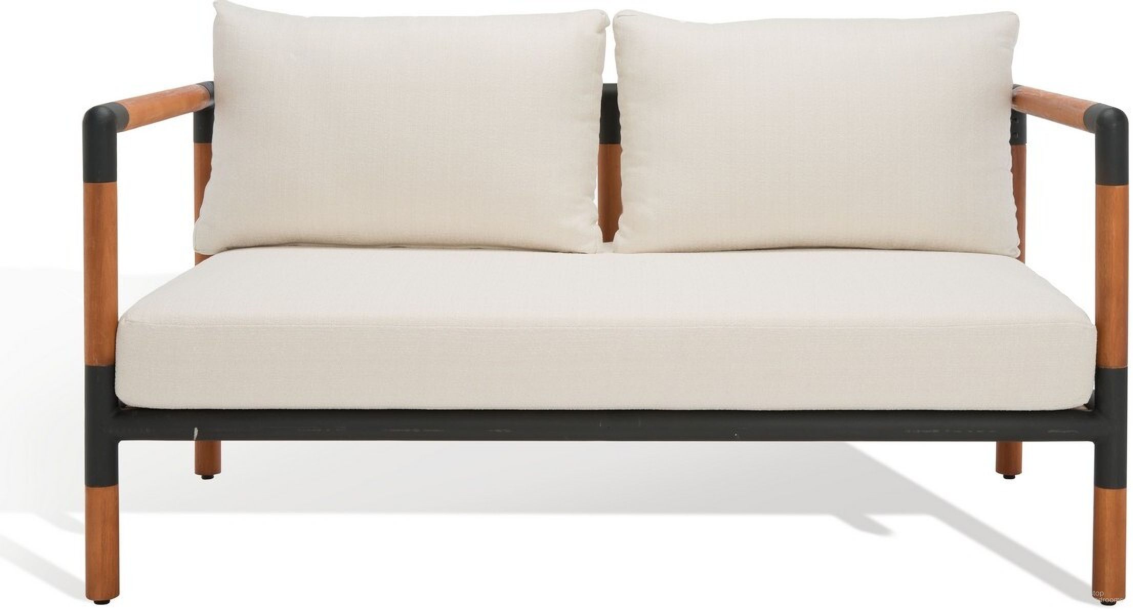 The appearance of Tommy Metal And Wood Patio Sofa In Black And White designed by Safavieh Couture in the modern / contemporary interior design. This black and white piece of furniture was selected by 1StopBedrooms from Tommy Collection to add a touch of cosiness and style into your home. Sku: CPT1030A. Material: Wood.