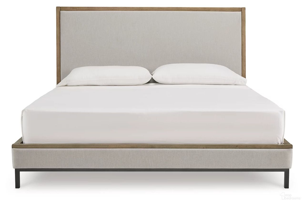 The appearance of Tomtyn Queen Upholstered Bed In Light Brown designed by Signature Design by Ashley in the transitional interior design. This light brown piece of furniture was selected by 1StopBedrooms from Tomtyn Collection to add a touch of cosiness and style into your home. Sku: B622-54;B622-57. Material: Fabric. Bed Size: Queen. Bed Type: Upholstered Bed.