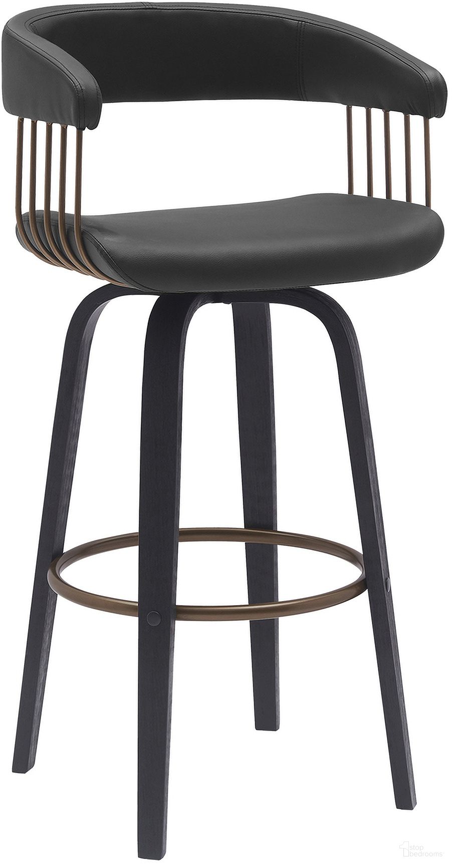 Topanga 26 Inch Swivel Black Wood Counter Stool In Black Faux Leather with Golden Bronze Metal
