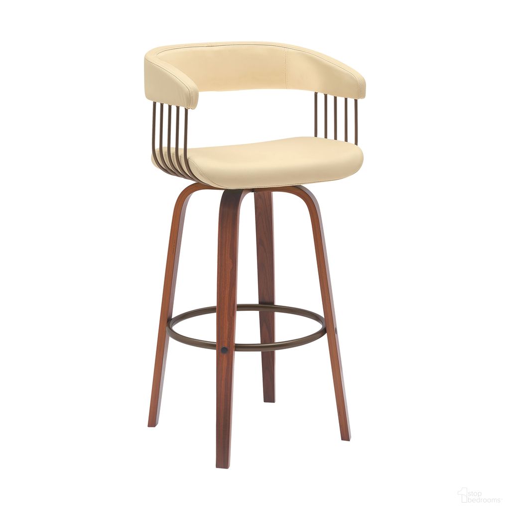 The appearance of Topanga 30.5 Inch Swivel Bar Stool In Cream and Walnut designed by Armen Living in the modern / contemporary interior design. This cream/walnut piece of furniture  was selected by 1StopBedrooms from Topanga Collection to add a touch of cosiness and style into your home. Sku: LCTOBAWACR30. Material: Faux Leather.