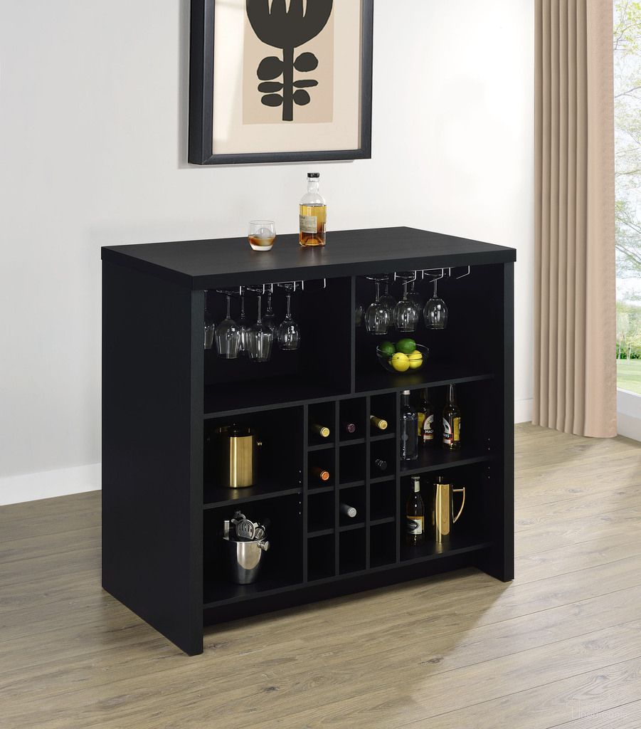 The appearance of Topanga Engineered Wood Freestanding Home Bar In Black designed by Coaster in the modern / contemporary interior design. This black piece of furniture was selected by 1StopBedrooms from Topanga Collection to add a touch of cosiness and style into your home. Sku: 182784. Material: MDF.