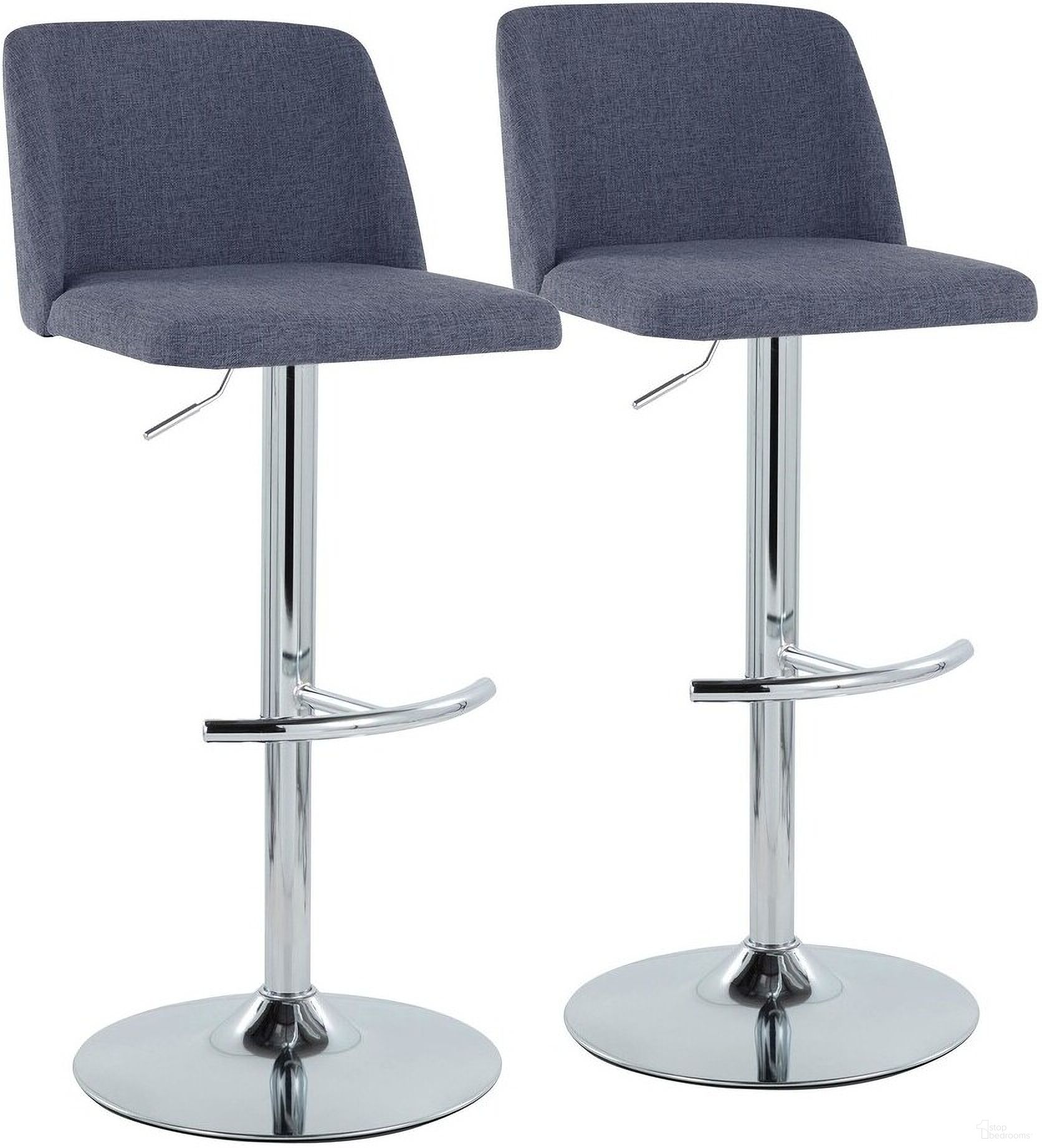 The appearance of Toriano Adjustable Barstool Set of 2 In Blue/Chrome designed by Lumisource in the transitional interior design. This blue piece of furniture was selected by 1StopBedrooms from Tintori Collection to add a touch of cosiness and style into your home. Sku: BS-TRNOFB-RT2 CHRBU2. Material: Metal.