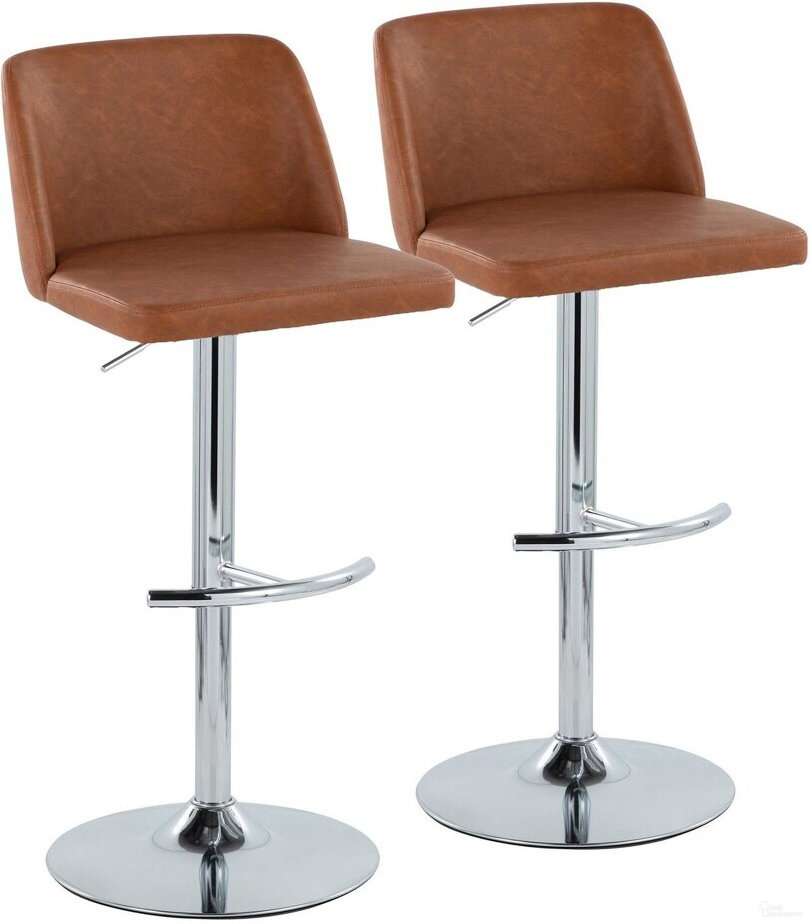 The appearance of Toriano Adjustable Barstool Set of 2 In Brown/Chrome designed by Lumisource in the modern / contemporary interior design. This chrome piece of furniture  was selected by 1StopBedrooms from Tintori Collection to add a touch of cosiness and style into your home. Sku: BS-TRNOPU-RT2 CHRCAM2. Material: Leather.