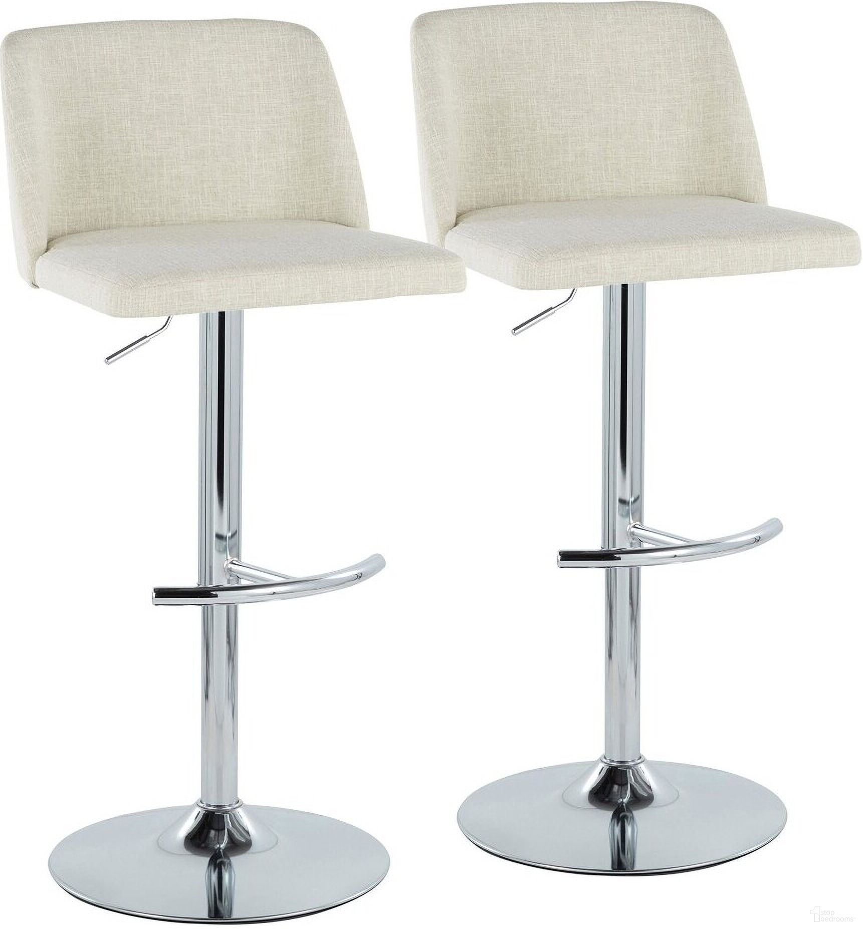 The appearance of Toriano Adjustable Barstool Set of 2 In Cream Noise/Chrome designed by Lumisource in the transitional interior design. This cream piece of furniture was selected by 1StopBedrooms from Tintori Collection to add a touch of cosiness and style into your home. Sku: BS-TRNOFB-RT2 CHRCR2. Material: Metal.