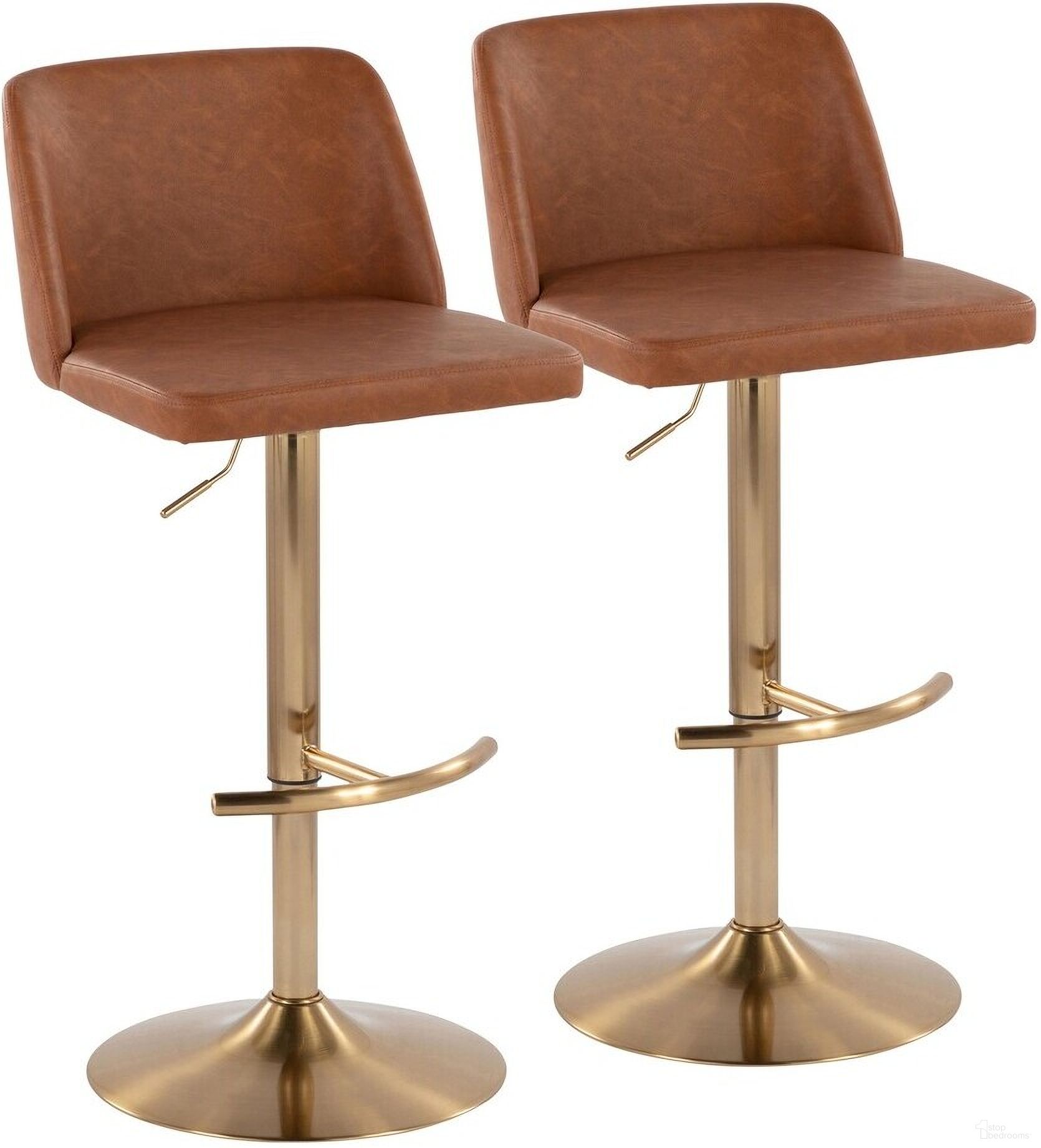 The appearance of Toriano Adjustable Barstool Set of 2 In Brown and Gold designed by Lumisource in the modern / contemporary interior design. This gold piece of furniture was selected by 1StopBedrooms from Tintori Collection to add a touch of cosiness and style into your home. Sku: BS-TRNOPU-RT2 AUCAM2. Material: Leather.