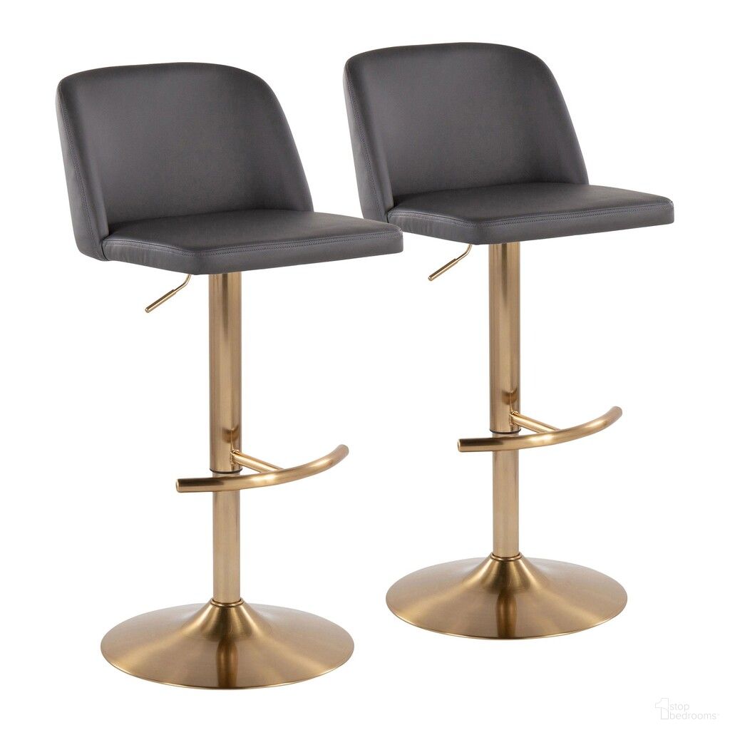 Toriano Leather Adjustable Barstool Set of 2 In Grey and Gold