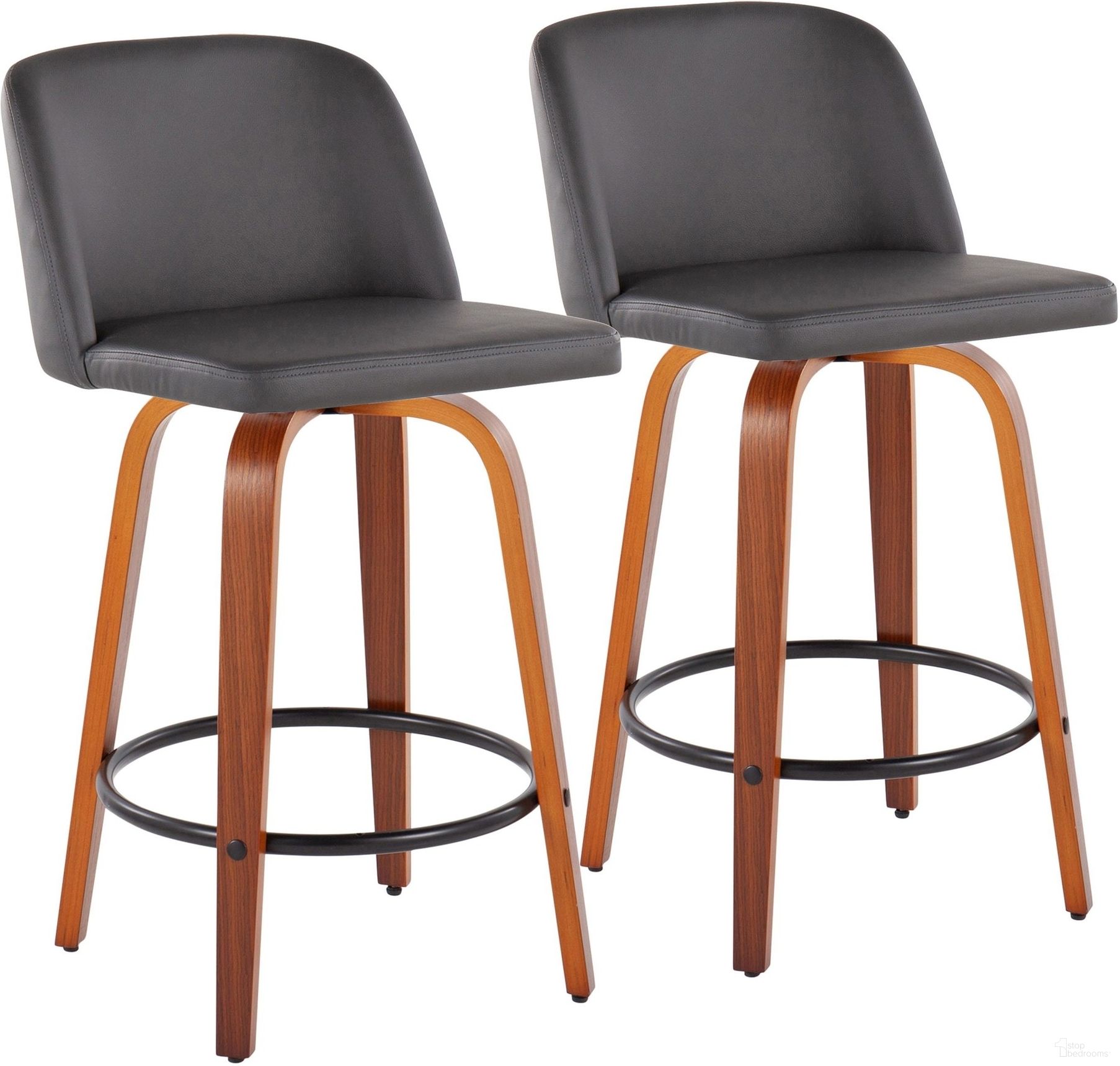 The appearance of Toriano Fixed-Height Counter Stool Set of 2 in Walnut Wood with Round Black Footrest and Grey Faux Leather designed by Lumisource in the modern / contemporary interior design. This grey piece of furniture  was selected by 1StopBedrooms from Tintori Collection to add a touch of cosiness and style into your home. Sku: B26-TRNOPU-SWVQ2 WLGY2. Material: Wood.