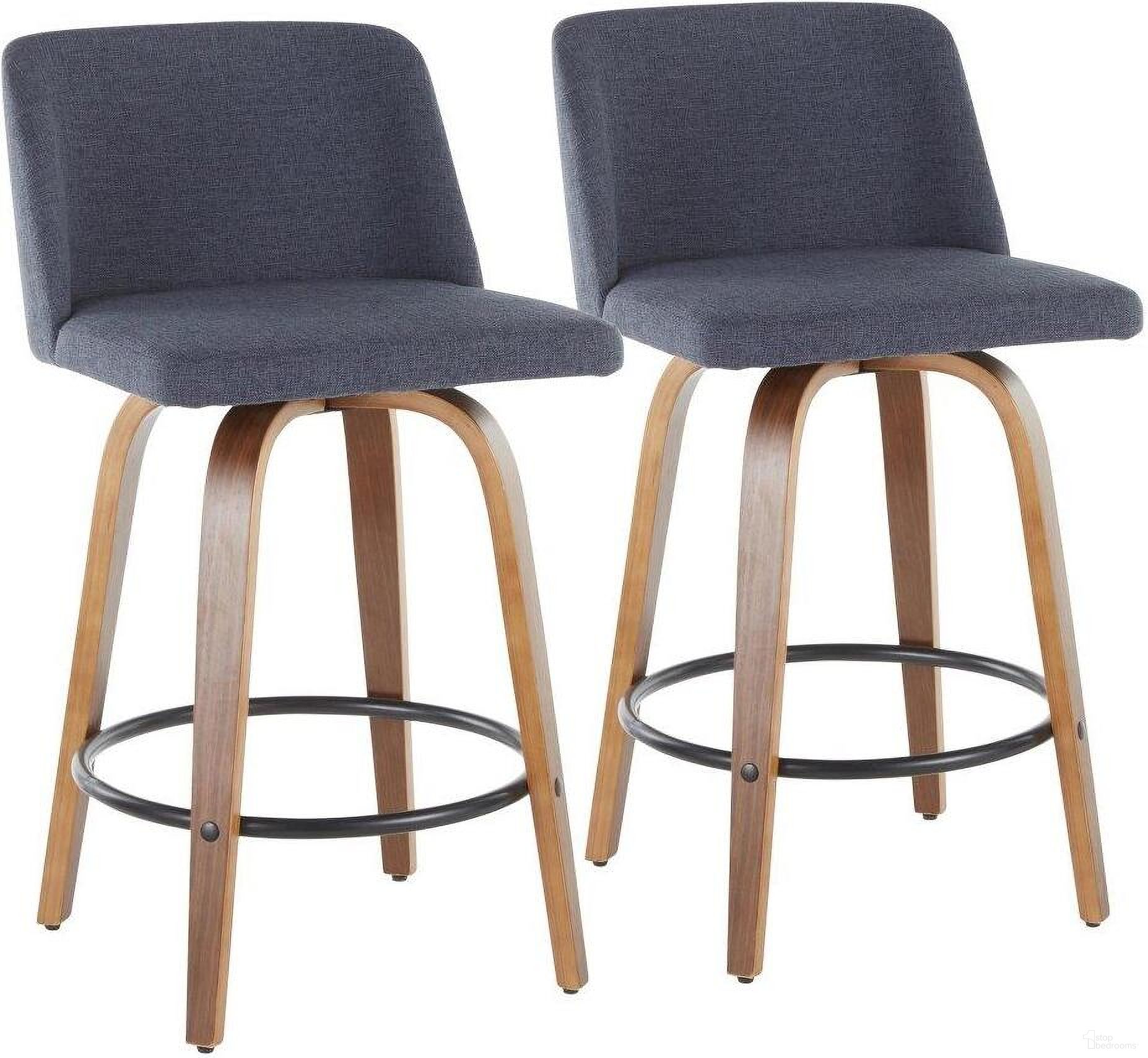 The appearance of Toriano Mid-Century Modern Counter Stool In Walnut And Blue Fabric Set Of 2 designed by Lumisource in the transitional interior design. This blue piece of furniture was selected by 1StopBedrooms from Tintori Collection to add a touch of cosiness and style into your home. Sku: B26-TRNO2Q WLBU2. Material: Fabric.
