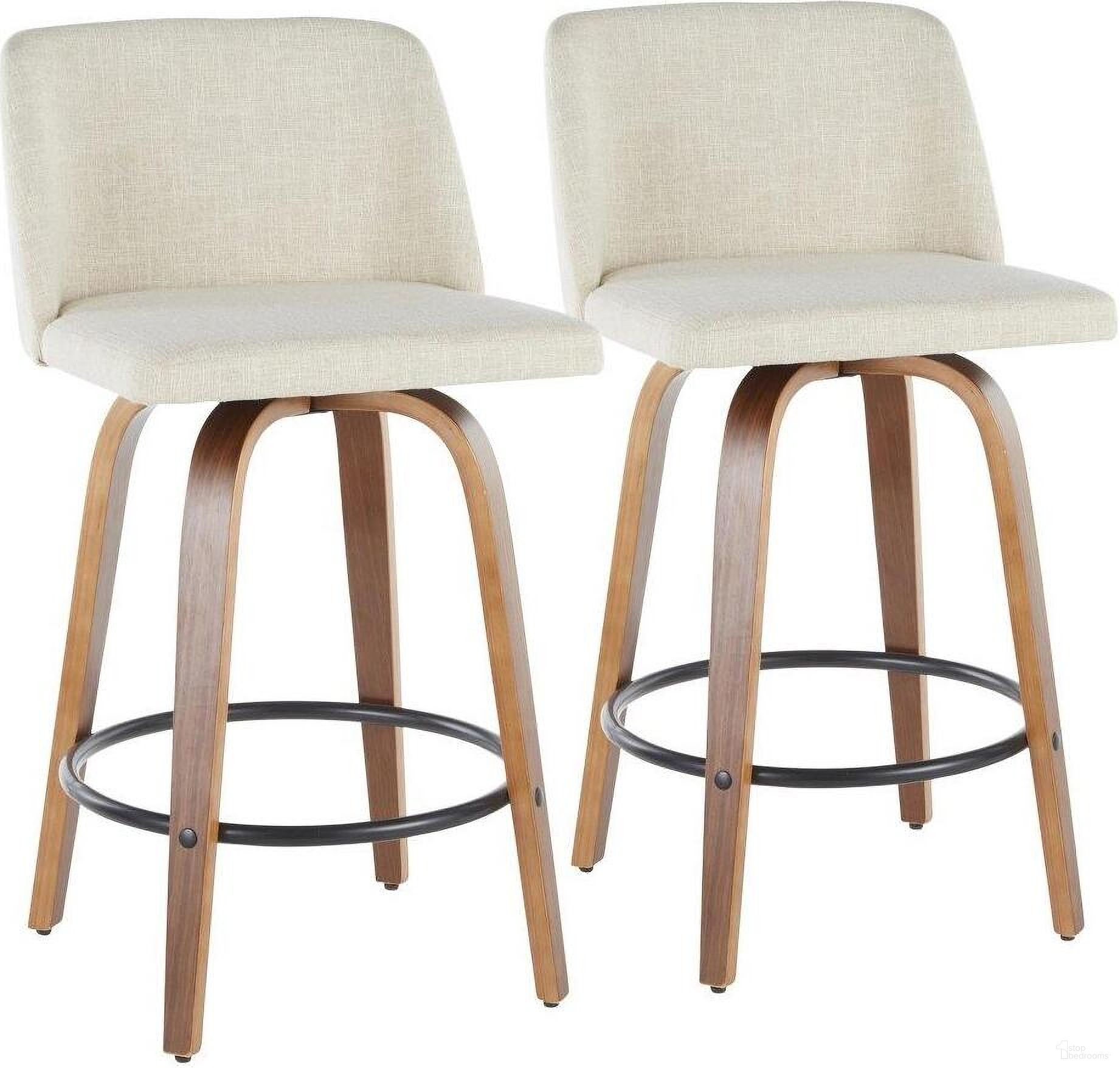 The appearance of Toriano Mid-Century Modern Counter Stool In Walnut And Cream Fabric - Set Of 2 designed by Lumisource in the transitional interior design. This brown and cream piece of furniture was selected by 1StopBedrooms from Tintori Collection to add a touch of cosiness and style into your home. Sku: B26-TRNO2Q WLCR2. Material: Fabric.