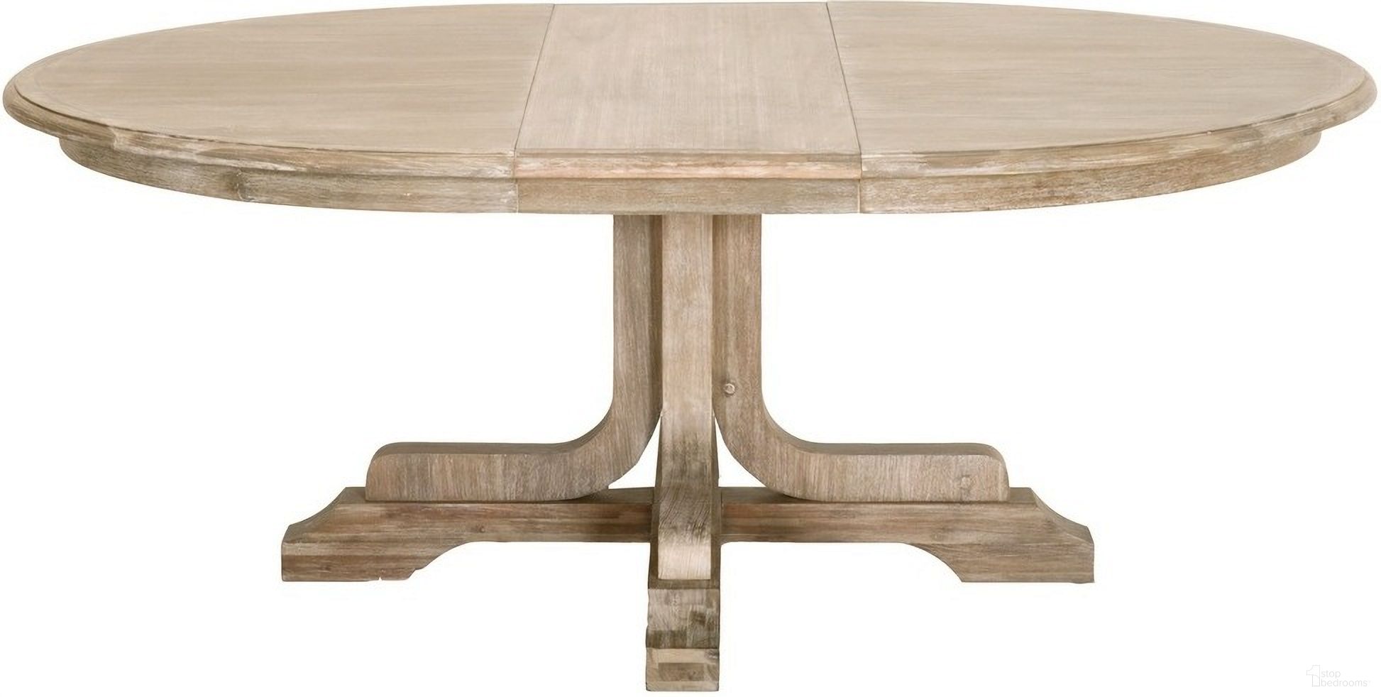 The appearance of Traditions Torrey 60 Inch Round Extension Dining Table In Natural Gray Acacia designed by Essentials For Living in the transitional interior design. This natural gray acacia piece of furniture was selected by 1StopBedrooms from Traditions Collection to add a touch of cosiness and style into your home. Sku: 6128.NG. Table Base Style: Pedestal. Table Top Shape: Round. Size: 60". Material: Acacia Wood.