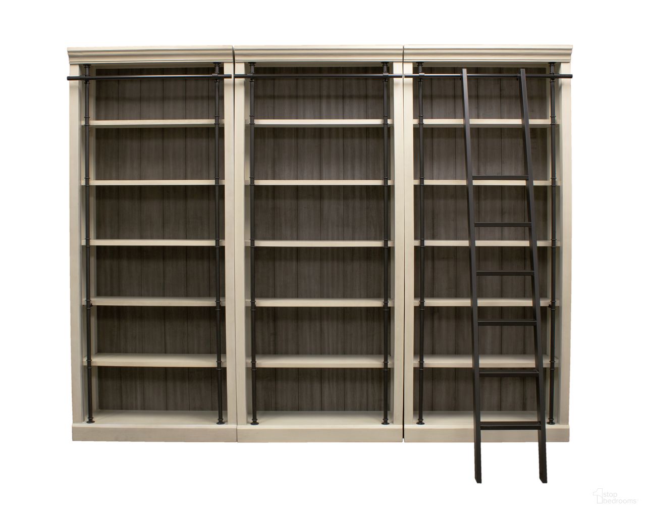 The appearance of Toulouse Fully Assembled Three 8' Tall Bookcase Wall With Ladder In Aged Chateau White designed by Martin Furniture in the modern / contemporary interior design. This aged chateau white piece of furniture  was selected by 1StopBedrooms from Toulouse Collection to add a touch of cosiness and style into your home. Sku: IMTE4094WKIT3PC. Material: Veneer.