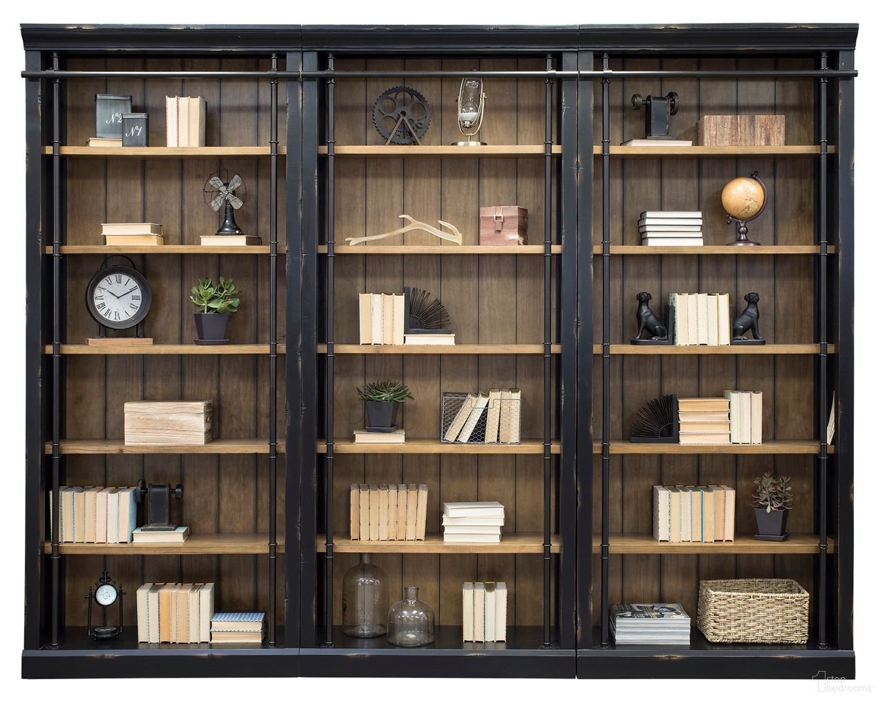 The appearance of Toulouse Three 8' Tall Bookcase Wall With Ladder In Black designed by Martin Furniture in the modern / contemporary interior design. This black piece of furniture was selected by 1StopBedrooms from Toulouse Collection to add a touch of cosiness and style into your home. Sku: IMTE4094402KIT3. Material: Veneer.
