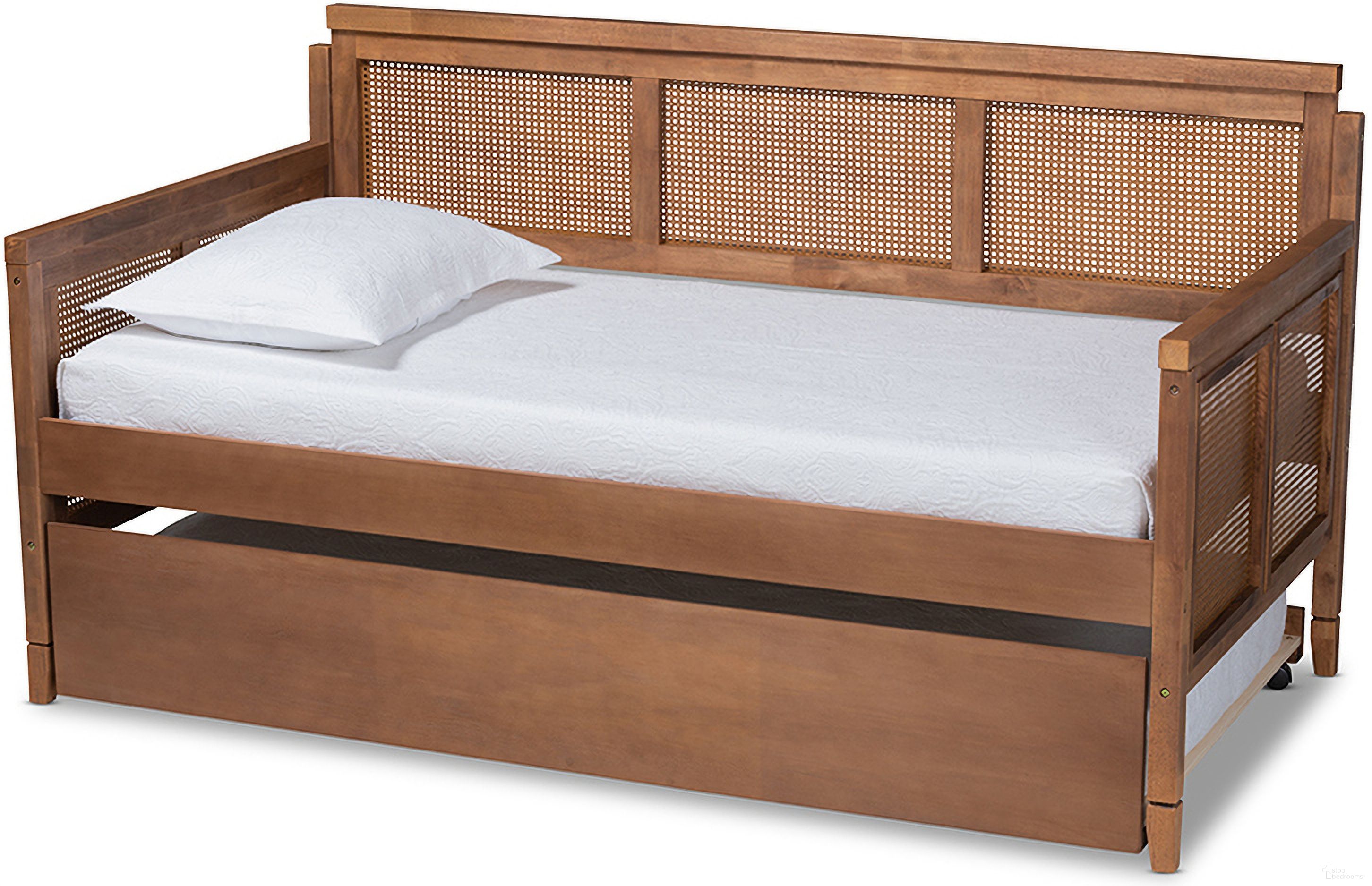 The appearance of Toveli Vintage French Inspired Ash Wanut Finished Wood And Synthetic Rattan Daybed With Trundle designed by Baxton Studio in the transitional interior design. This ash walnut piece of furniture was selected by 1StopBedrooms from Toveli Collection to add a touch of cosiness and style into your home. Sku: MG0015-Ash Walnut Rattan-Daybed-T/T. Bed Type: Daybed. Bed Size: Twin Over Twin. Material: Rubberwood.