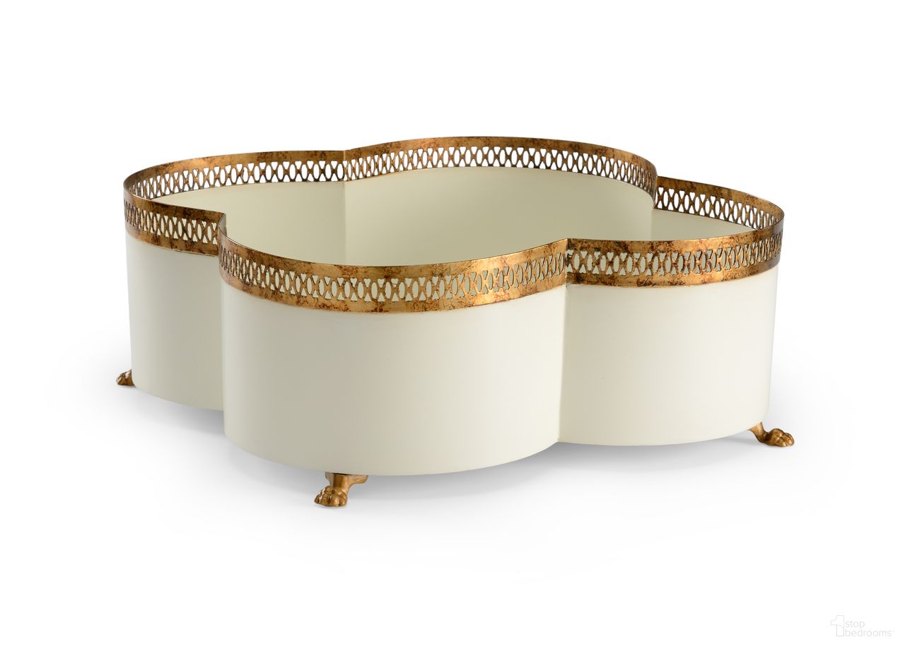 The appearance of Tracery Cachepot In Cream and Gold designed by Chelsea House in the modern / contemporary interior design. This cream/gold piece of furniture was selected by 1StopBedrooms from Lisa Kahn Collection to add a touch of cosiness and style into your home. Sku: 382597. Material: Iron.
