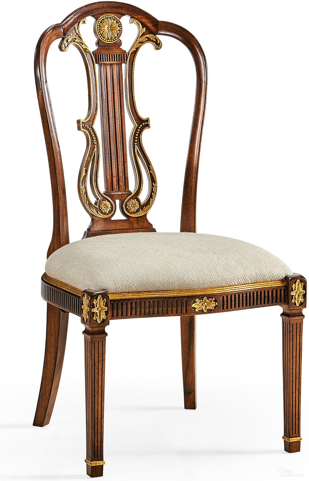 The appearance of Traditional Buckingham Neo Classical Gilded Lyre Back Dining Chair In Brown designed by Jonathan Charles in the traditional interior design. This brown piece of furniture was selected by 1StopBedrooms from Traditional Collection to add a touch of cosiness and style into your home. Sku: 492836-SC-MAH-F200. Material: Fabric. Chair Type: Side Chair.