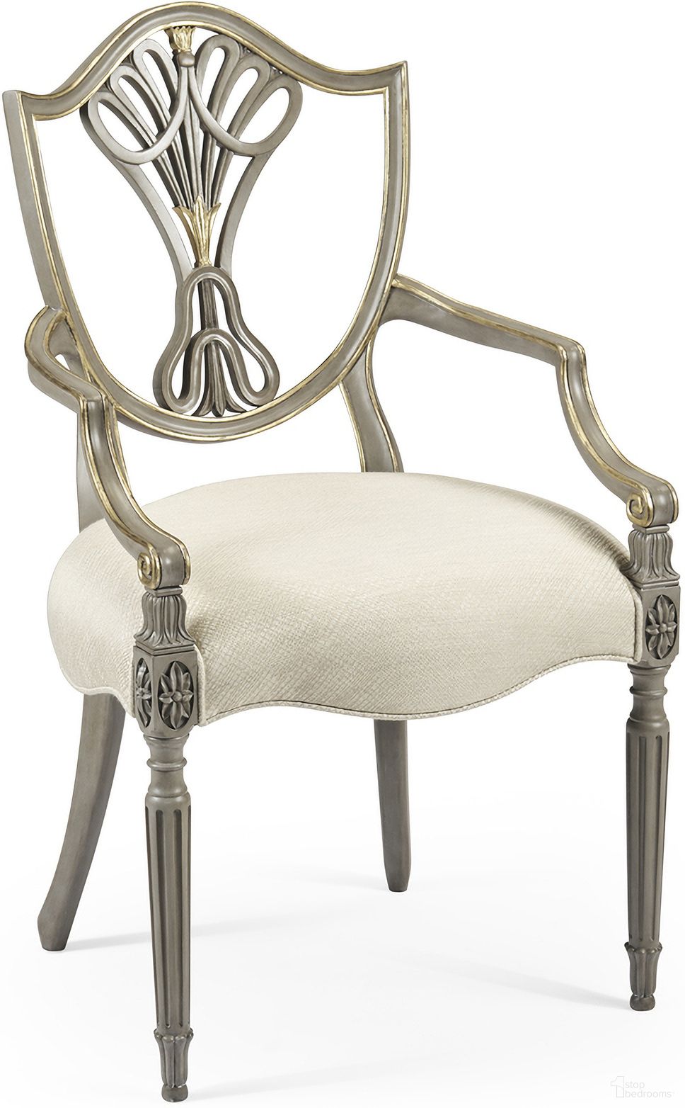 The appearance of Traditional Buckingham Sheraton Gilded Dining Armchair In Grey designed by Jonathan Charles in the traditional interior design. This grey piece of furniture was selected by 1StopBedrooms from Traditional Collection to add a touch of cosiness and style into your home. Sku: 495819-AC-PBG-F200. Material: Fabric. Chair Type: Arm Chair.