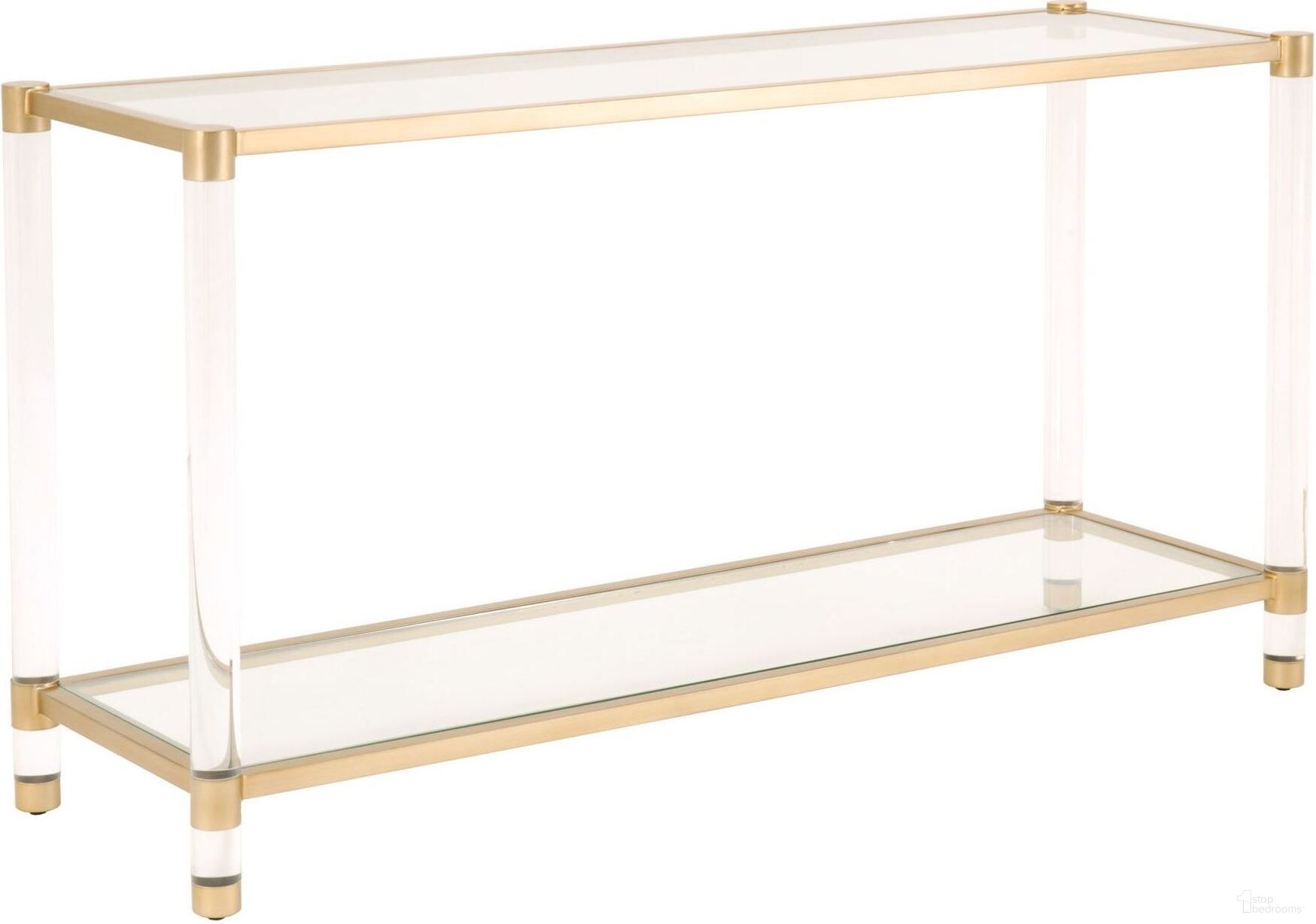 The appearance of Traditions Nouveau Console Table In Brushed Brass and Clear designed by Essentials For Living in the transitional interior design. This brushed brass/clear piece of furniture was selected by 1StopBedrooms from Traditions Collection to add a touch of cosiness and style into your home. Sku: 6075.BBRS/CLR. Material: Steel.