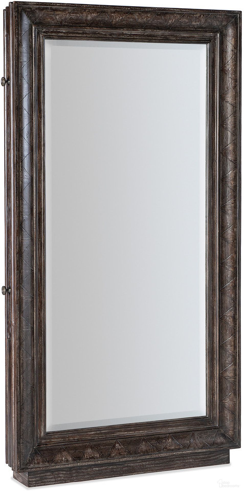 The appearance of Traditions Floor Mirror With Hidden Jewelry Storage designed by Hooker in the traditional interior design. This dark wood piece of furniture was selected by 1StopBedrooms from Traditions Collection to add a touch of cosiness and style into your home. Sku: 5961-50001-89. Material: Pine.