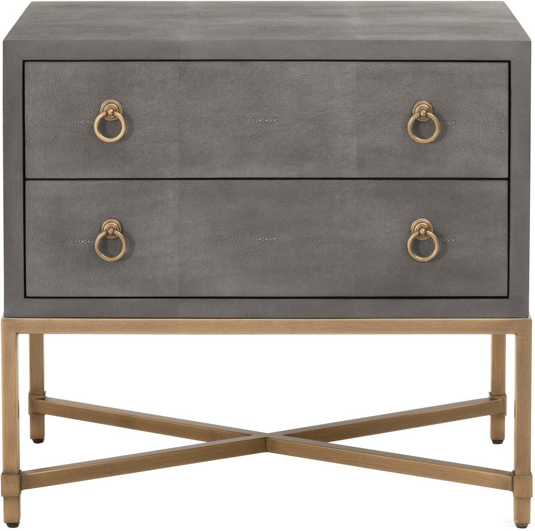 The appearance of Traditions Strand Shagreen 2 Drawer Nightstand In Gray Shagreen designed by Essentials For Living in the transitional interior design. This gray shagreen piece of furniture was selected by 1StopBedrooms from Traditions Collection to add a touch of cosiness and style into your home. Sku: 6121.GRY-SHG/GLD. Material: Faux Shagreen.
