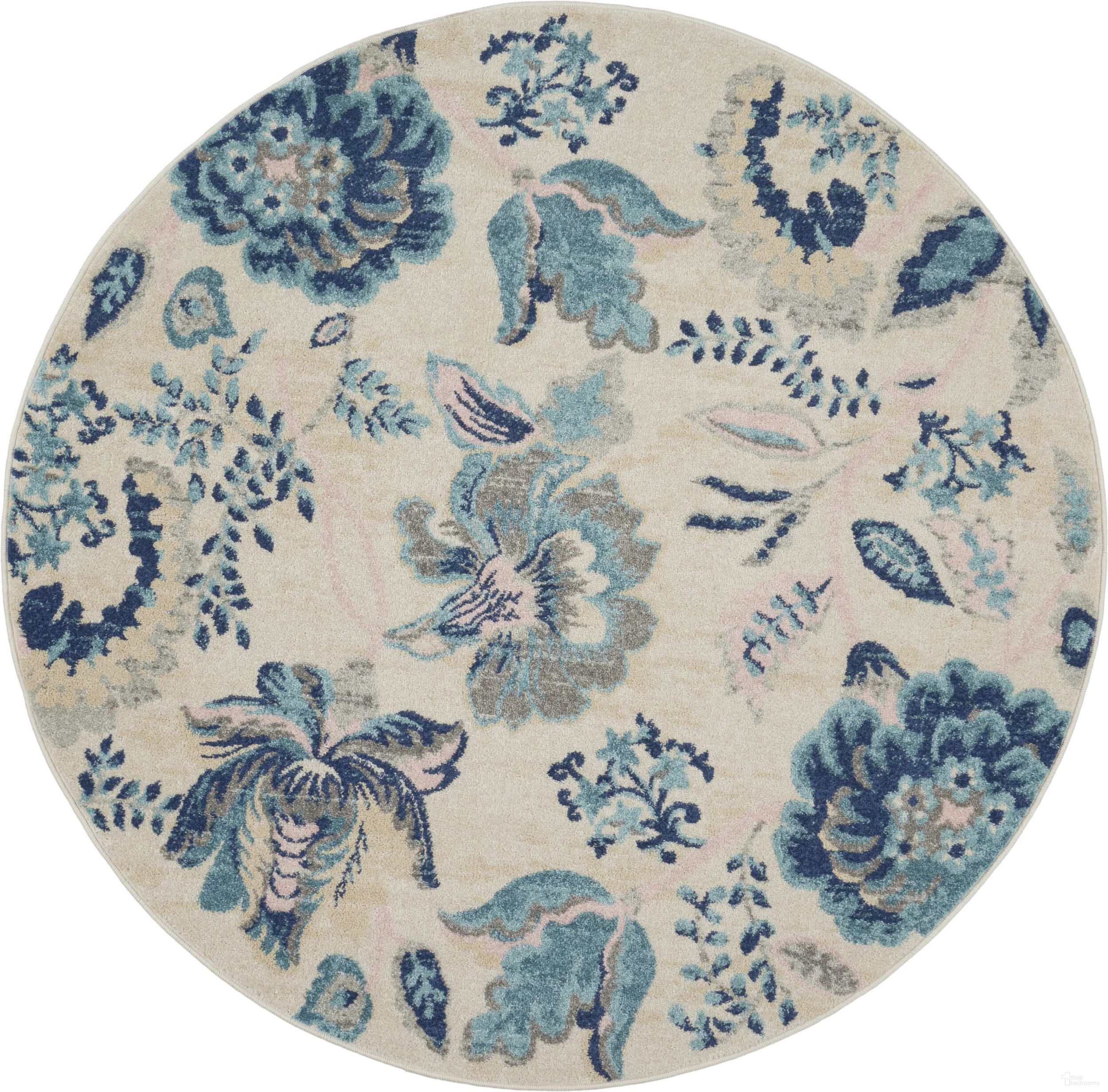 Tranquil Ivory and Light Blue 5'3" x 5'3" Round Farmhouse Area Rug
