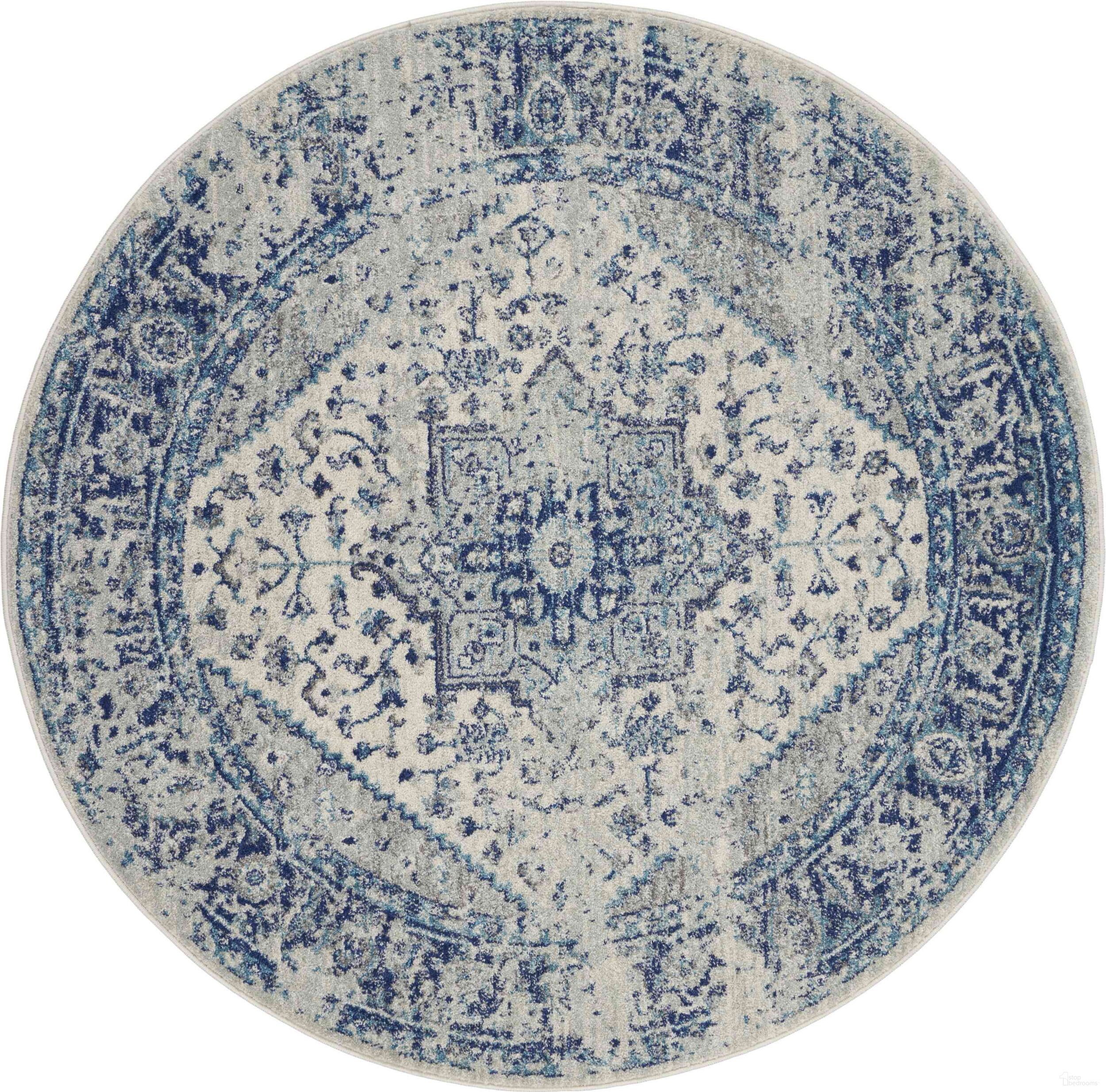 Tranquil Ivory and Light Blue 5'3" x 5'3" Round Vintage Area Rug