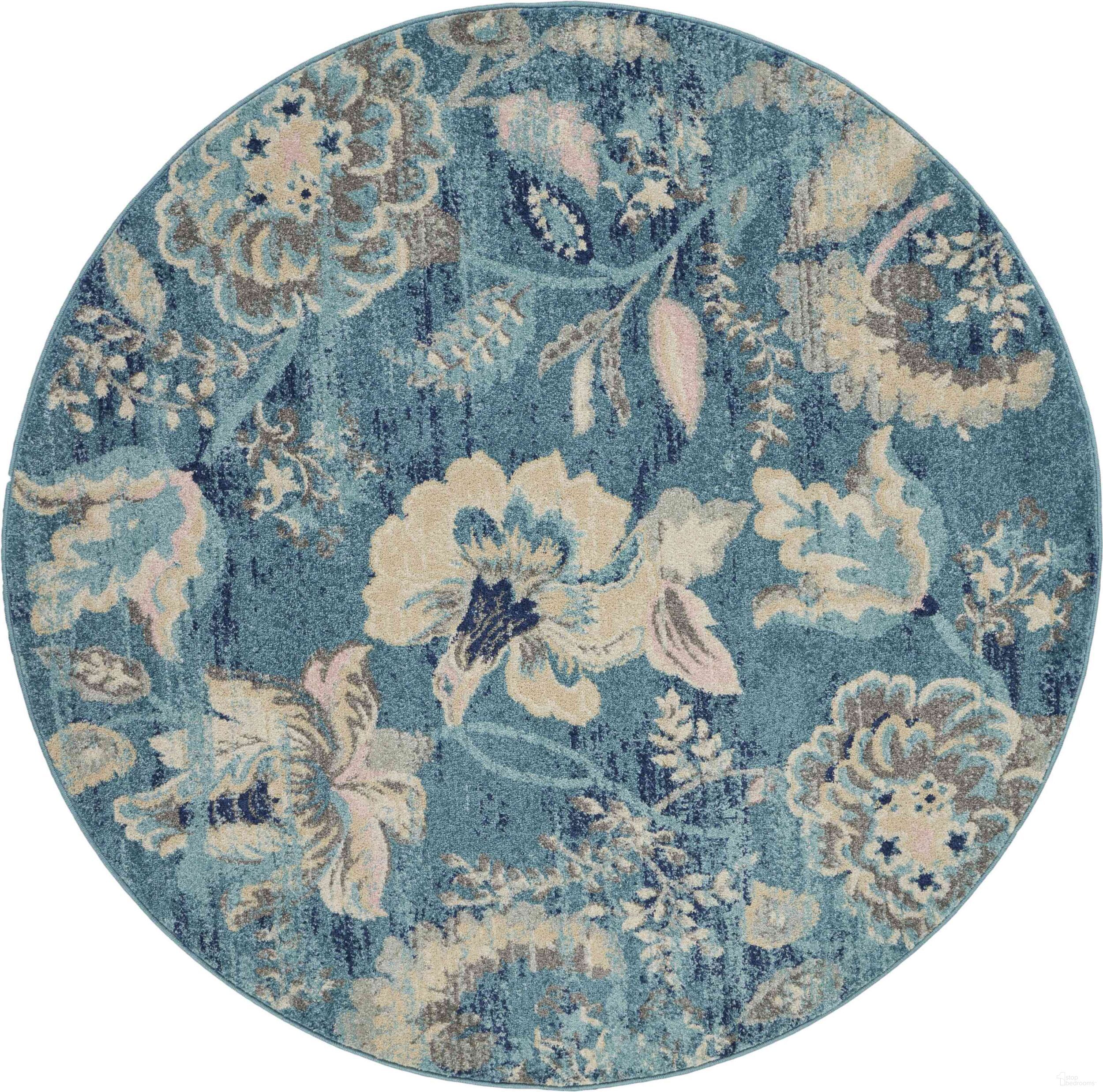 Tranquil Turquoise 5'3" x 5'3" Round Vintage Area Rug