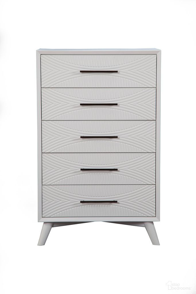 The appearance of Tranquility Chest In White designed by Alpine in the modern / contemporary interior design. This white piece of furniture  was selected by 1StopBedrooms from Tranquility Collection to add a touch of cosiness and style into your home. Sku: 1867-05. Material: Mahogany.