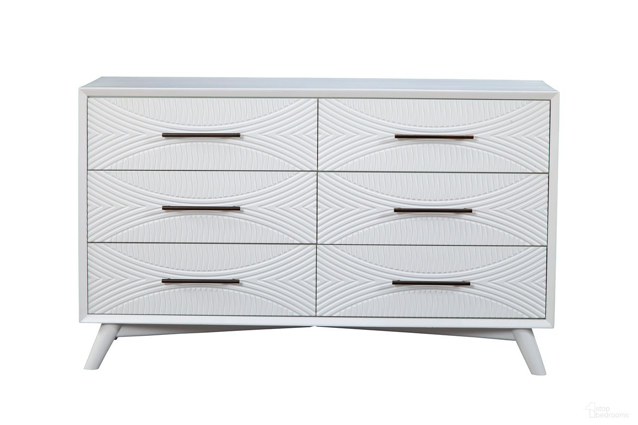 The appearance of Tranquility Dresser In White designed by Alpine in the modern / contemporary interior design. This white piece of furniture was selected by 1StopBedrooms from Tranquility Collection to add a touch of cosiness and style into your home. Sku: 1867-03. Material: Mahogany.