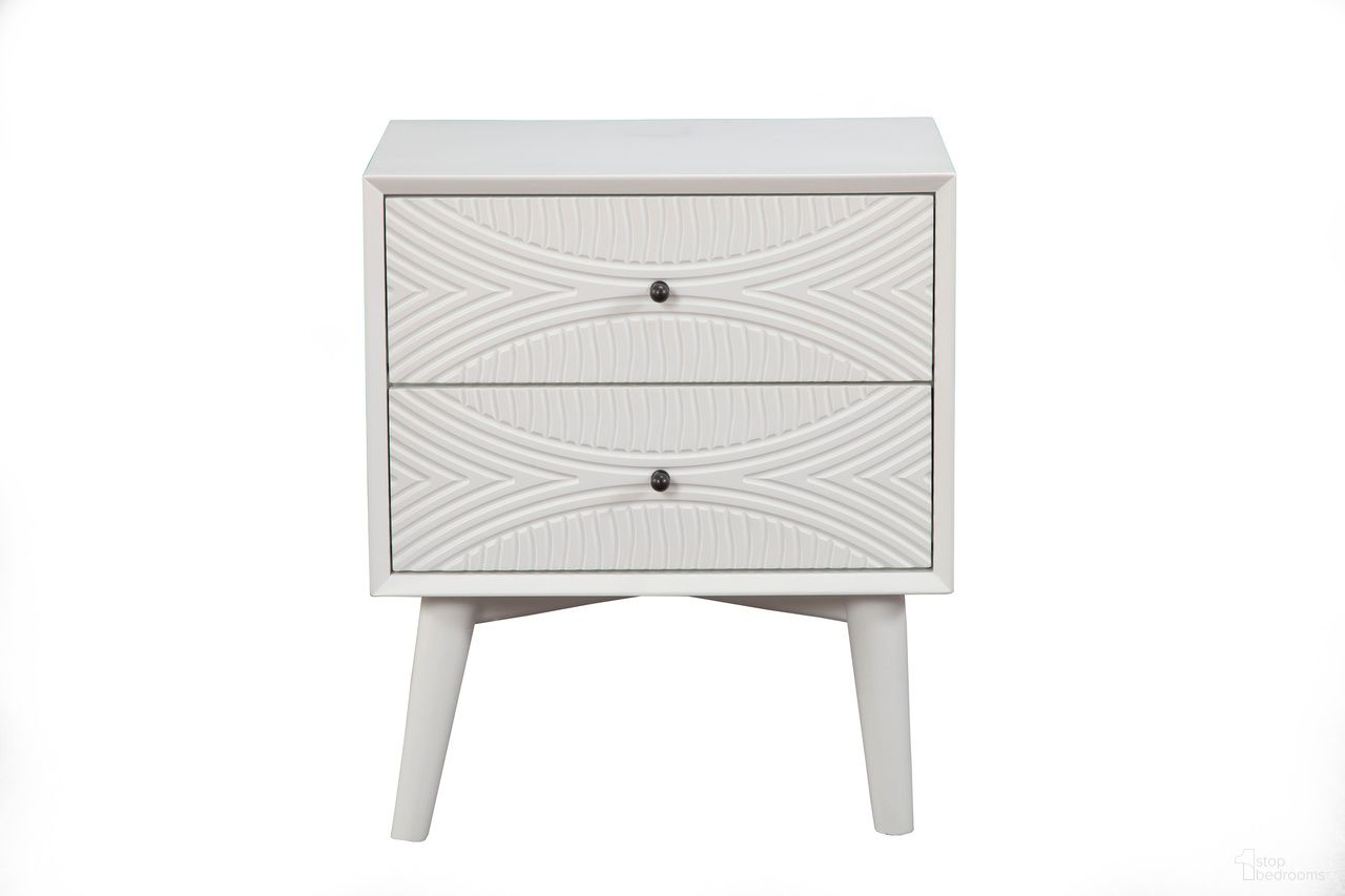 The appearance of Tranquility Nightstand In White designed by Alpine in the modern / contemporary interior design. This white piece of furniture was selected by 1StopBedrooms from Tranquility Collection to add a touch of cosiness and style into your home. Sku: 1867-02. Material: Mahogany.