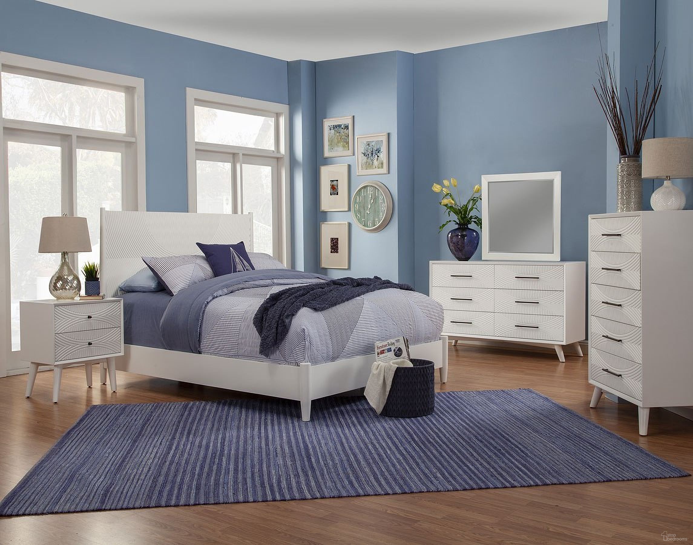 The appearance of Tranquility White Panel Bedroom Set designed by Alpine in the transitional interior design. This white piece of furniture was selected by 1StopBedrooms from Tranquility Collection to add a touch of cosiness and style into your home. Sku: 1867-01Q;1867-02. Bed Type: Panel Bed. Material: Wood. Bed Size: Queen.