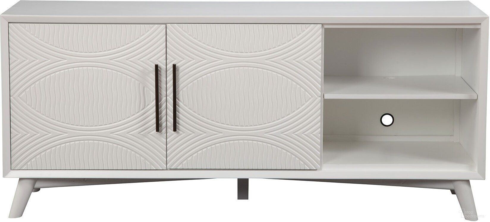 The appearance of Tranquility TV Console In White designed by Alpine in the modern / contemporary interior design. This white piece of furniture was selected by 1StopBedrooms from Tranquility Collection to add a touch of cosiness and style into your home. Sku: 1867-10. Material: Mahogany.