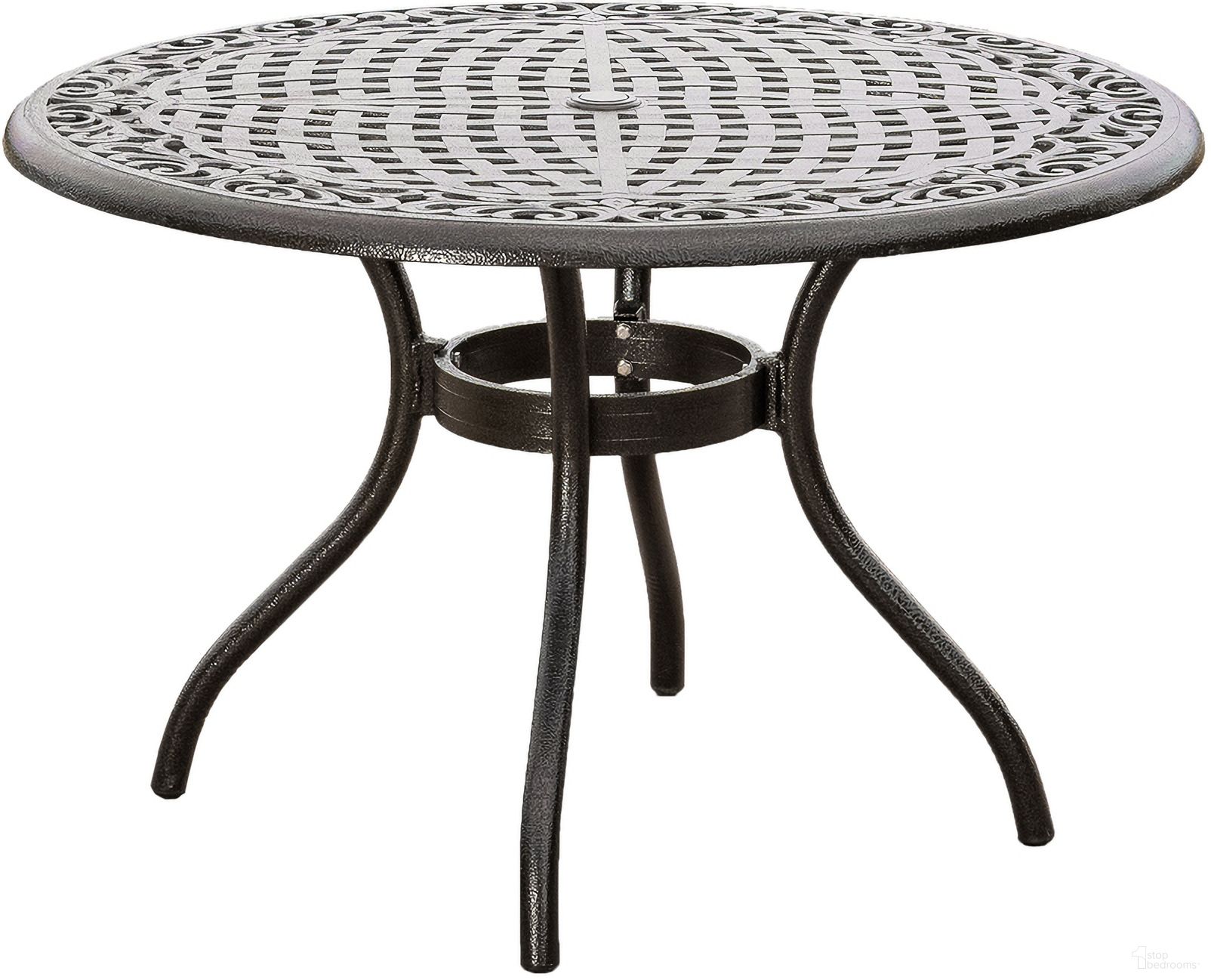 The appearance of Tranquilius 48 Inch Outdoor Round Dining Table with Lattice Tabletop, Umbrella Hole and Curved Legs In Bronze designed by Noble House in the modern / contemporary interior design. This bronze piece of furniture was selected by 1StopBedrooms from Tranquilius Collection to add a touch of cosiness and style into your home. Sku: 54588.00BZE. Table Base Style: Legs. Table Top Shape: Round. Material: Aluminum.