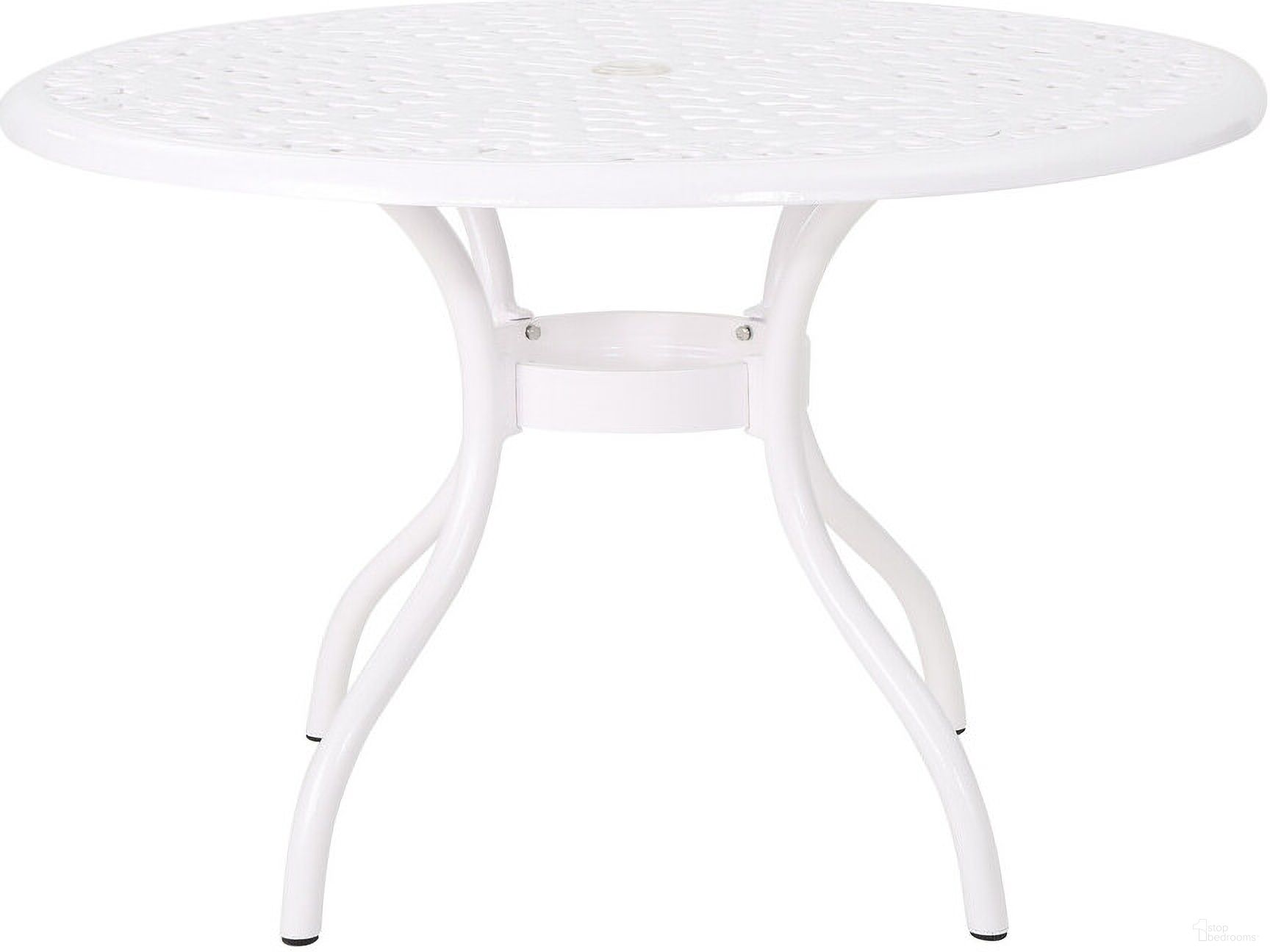 The appearance of Tranquilius 48 Inch Outdoor Round Dining Table with Lattice Tabletop, Umbrella Hole and Curved Legs In White designed by Noble House in the modern / contemporary interior design. This white piece of furniture was selected by 1StopBedrooms from Tranquilius Collection to add a touch of cosiness and style into your home. Sku: 54588.00WHI. Table Base Style: Legs. Table Top Shape: Round. Material: Aluminum.