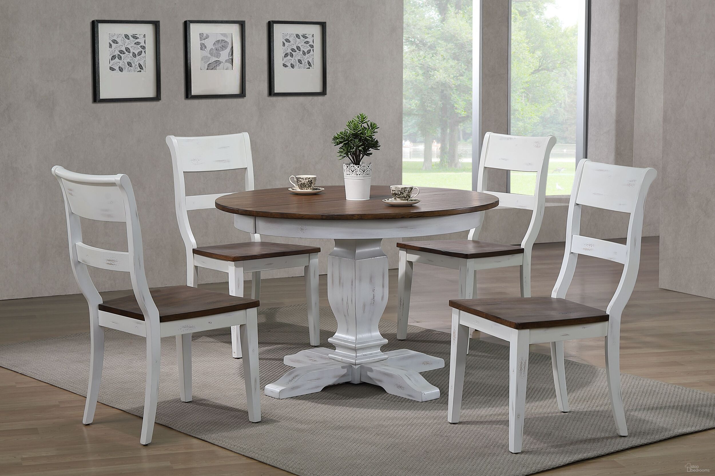 The appearance of Transitional 5-Piece Dining Set In Distressed Cocoa Brown and Cotton White designed by Iconic Furniture in the rustic / southwestern interior design. This distressed cocoa brown and cotton white piece of furniture was selected by 1StopBedrooms from Ash & Stormy White Collection to add a touch of cosiness and style into your home. Sku: RD45TRCH60DBNDWT-5PC. Table Base Style: Pedestal. Table Top Shape: Round. Material: Rubberwood.