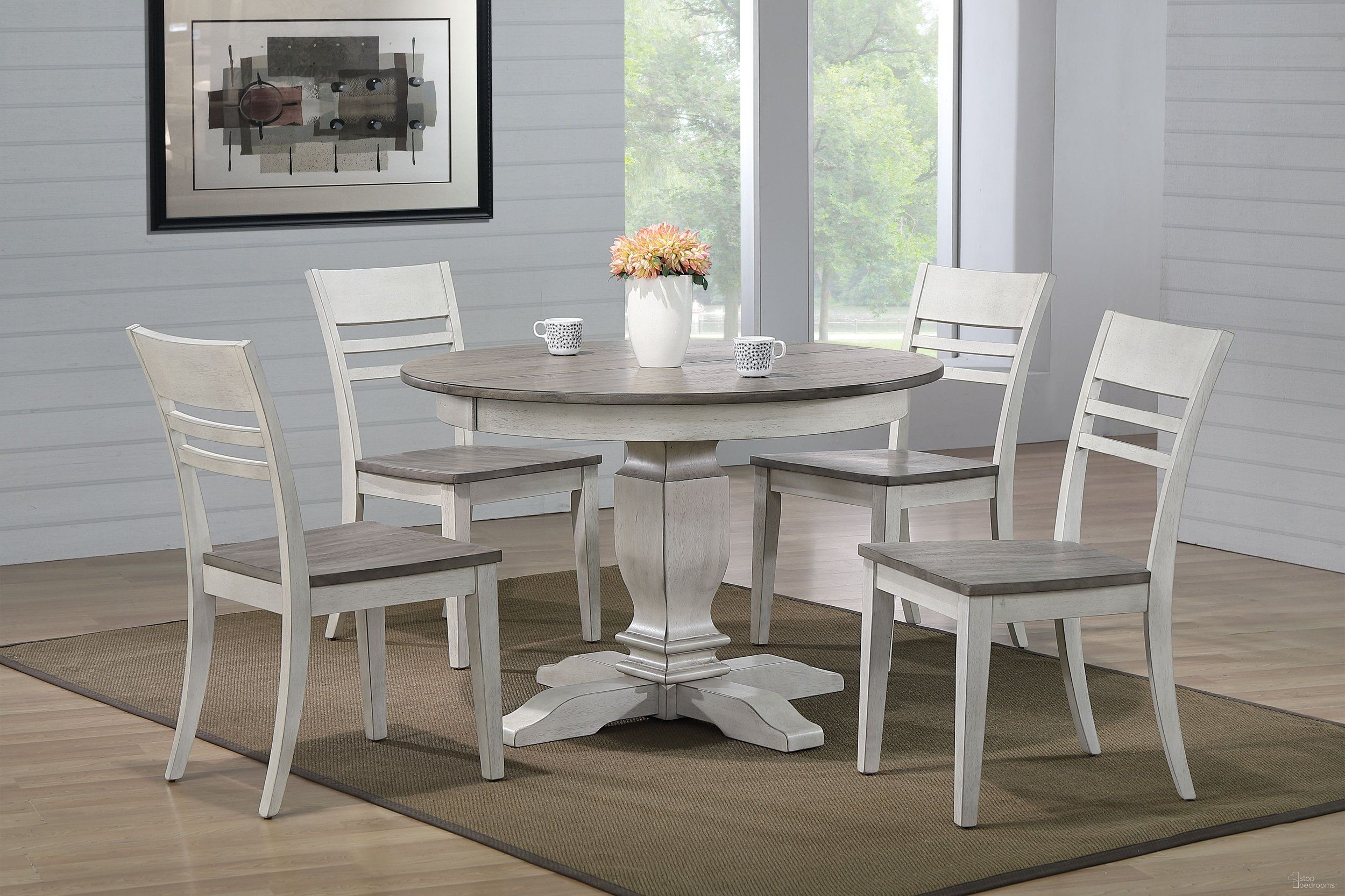 The appearance of Transitional Ladder Back 5-Piece Dining Set In Ash and Stormy White designed by Iconic Furniture in the transitional interior design. This ash and stormy white piece of furniture  was selected by 1StopBedrooms from Ash & Stormy White Collection to add a touch of cosiness and style into your home. Sku: RD45TRCH63ASHSTW-5PC. Table Base Style: Pedestal. Table Top Shape: Round. Material: Rubberwood.
