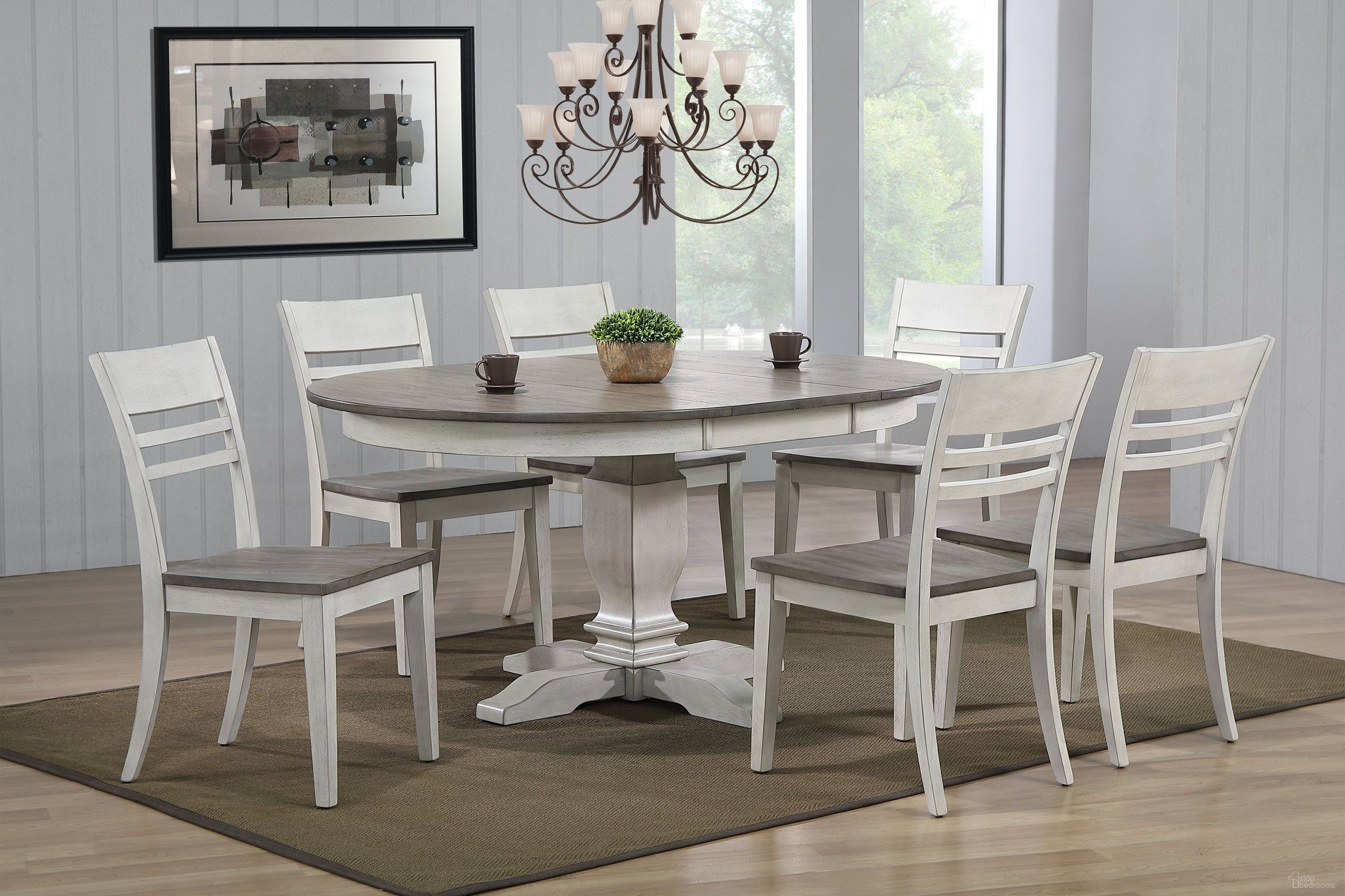 The appearance of Transitional Ladder Back 7-Piece Dining Set In Ash and Stormy White designed by Iconic Furniture in the transitional interior design. This ash and stormy white piece of furniture  was selected by 1StopBedrooms from Ash & Stormy White Collection to add a touch of cosiness and style into your home. Sku: RD45TRCH63ASHSTW-7PC. Table Base Style: Pedestal. Table Top Shape: Round. Material: Rubberwood.