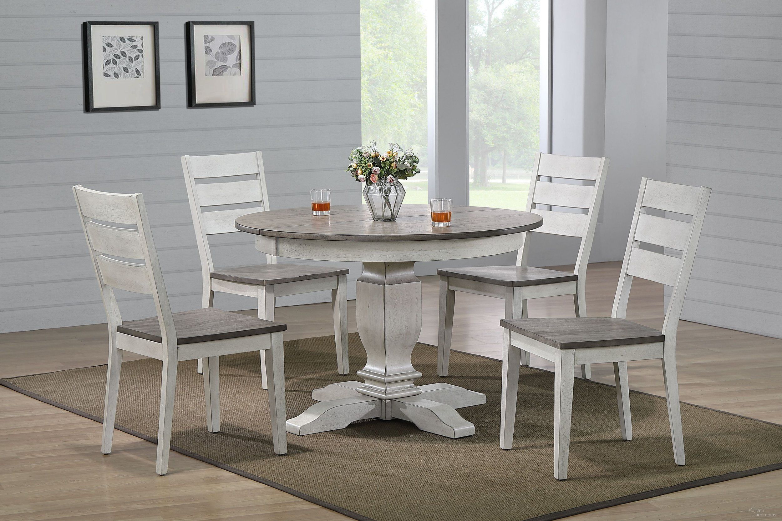 The appearance of Transitional Table With Contemporary Ladder Back Chairs 5-Piece Dining Set In Ash and Stormy White designed by Iconic Furniture in the transitional interior design. This ash and stormy white piece of furniture  was selected by 1StopBedrooms from Ash & Stormy White Collection to add a touch of cosiness and style into your home. Sku: RD45TRCH64ASHSTW-5PC. Table Base Style: Pedestal. Table Top Shape: Round. Material: Rubberwood.