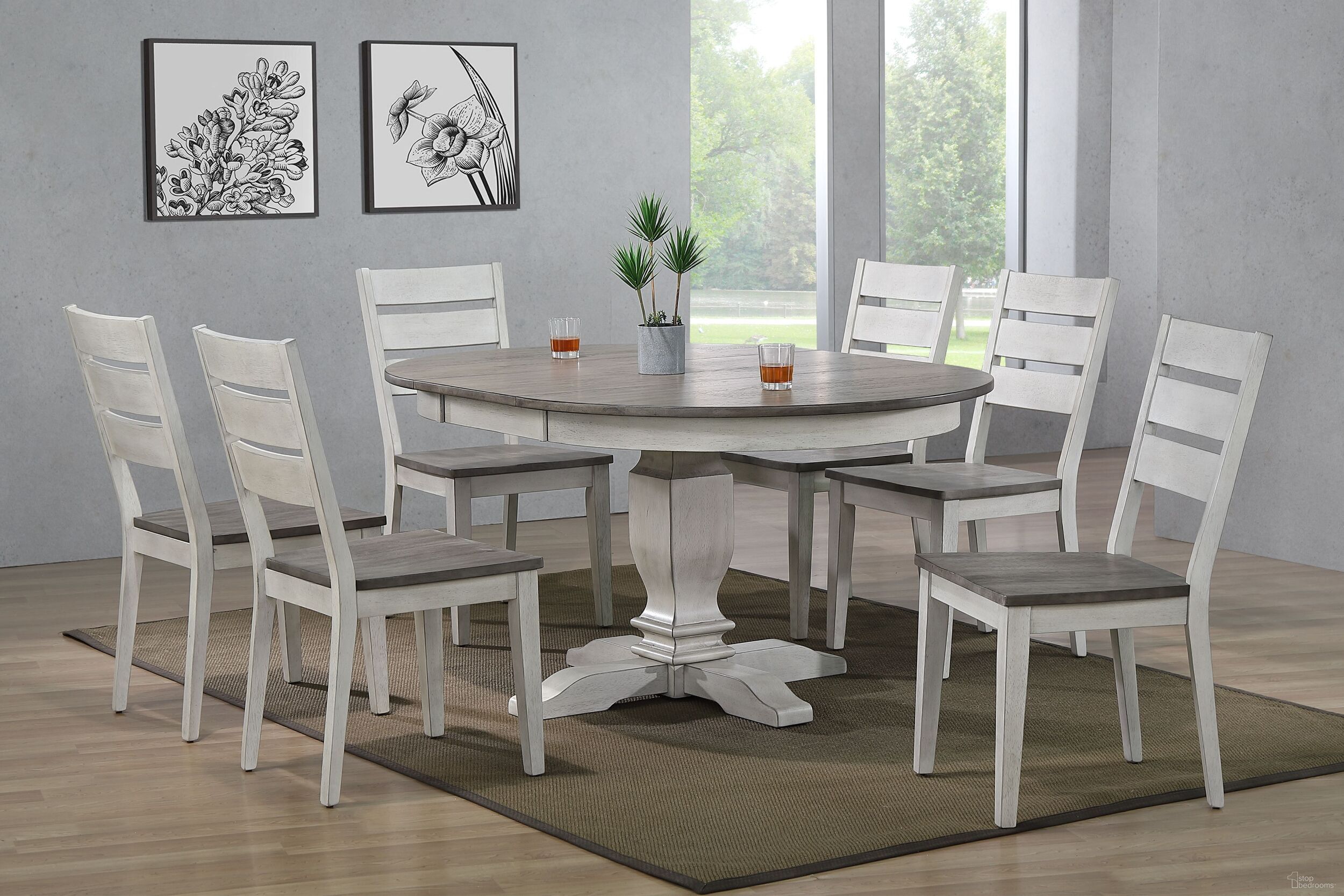 The appearance of Transitional Table With Contemporary Ladder Back Chairs 7- Piece Dining Set In Ash and Stormy White designed by Iconic Furniture in the transitional interior design. This ash and stormy white piece of furniture was selected by 1StopBedrooms from Ash & Stormy White Collection to add a touch of cosiness and style into your home. Sku: RD45TRCH64ASHSTW-7PC. Table Base Style: Pedestal. Table Top Shape: Round. Material: Rubberwood.